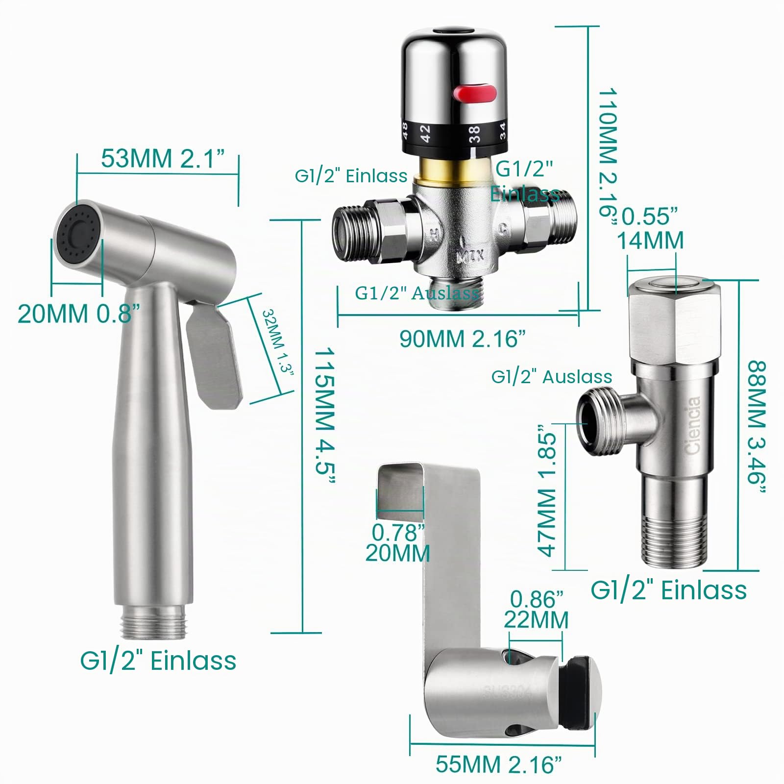 Tecmolog WS024F1A Bidet-Zerstäuber, Edelstahl, Hygienische Dusche, Handbrause, mit Thermostatmischer, warm und kalt