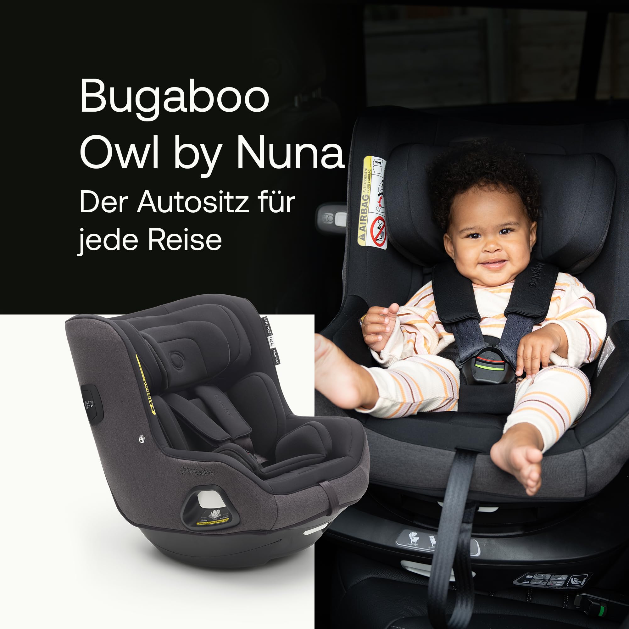 Bugaboo Owl by Nuna Isofix Kindersitz von der Geburt bis 4 Jahre, 0-18 kg | 360 Grad drehbar, Gruppe 0+/1, ultimativer Komfort und Sicherheit, verstärkte Schale und seitlicher Aufprallschutz, Black