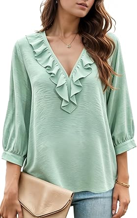 Womens V Neck Tops Ruffle Trim 3/4 Sleeve Blouses - Casual Loose Fit Shirts Trendy Spring Summer Fashion