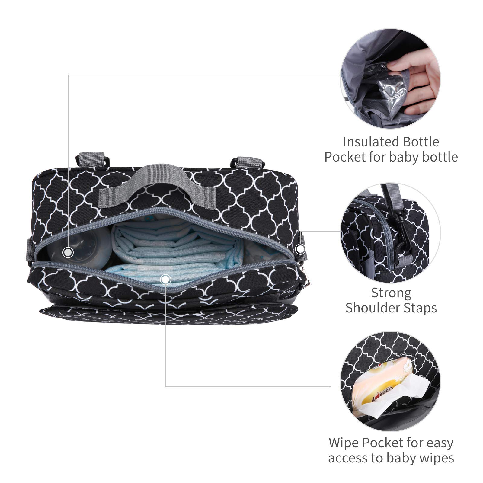Kinderwagen-Organizer-Tasche, Zubehör mit isolierter Flaschentasche, Reinigungstaschen, Caddy Eltern-Konsole, passend für alle Kinderwagen, Schwarz