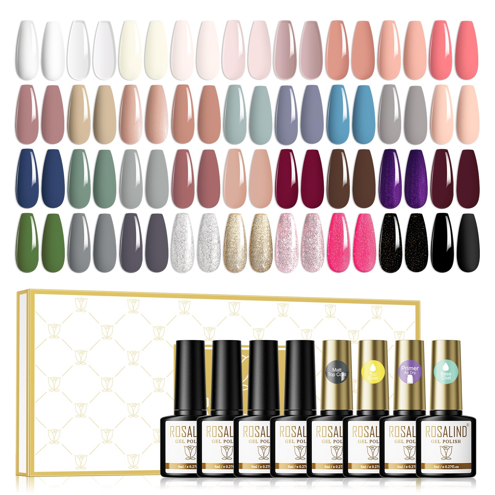 ROSALIND Esmaltes Semipermanentes Para Uñas 40psc Con Base e Top Coat Brillante y Matt Primer Pintauñas Semipermanentes 36 Colores 8ml UV LED Gel Nail Polish Marrón Gris Glitter Nude Negro