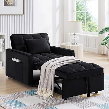 Antetek Sleeper Sofa Chair Bed, Convertible Velvet Single Pull Out Sofa Chair, Modern Tufted Living Room Reading Chair with Adjustable Backrest/Pillow for Small Space Apartment, Office, Black