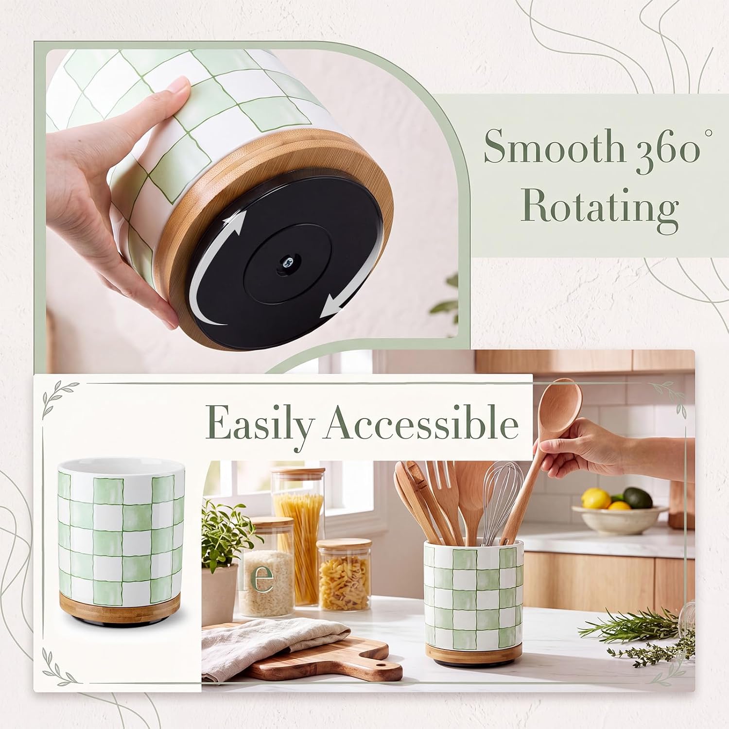 Rtteri 360° Rotating Checkered Kitchen Ceramic Utensil Holder, 7.2", Green