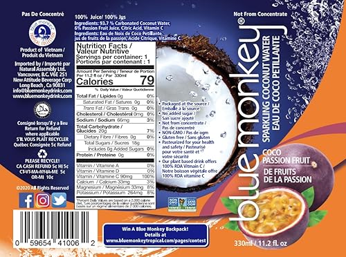 Miniatura 2 de Blue Monkey Agua de coco con gas con maracuyá  99.7% agua de coco y mezcla de jugo, sin azúcar añadido, totalmente natural, estable en el