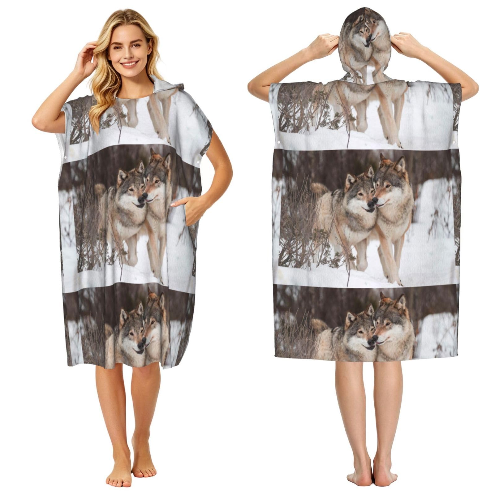 Poadnly Wolf Pattern Print, Adult Hooded Beach Towel 90 x 110 cm,Changing Bath Robe, Surf Poncho Towel For Women Men