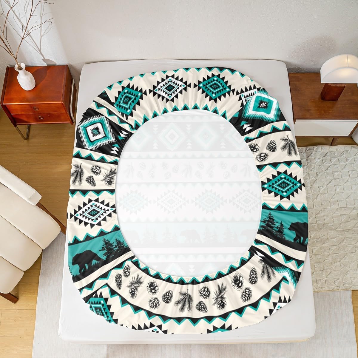 Ethnic Geometric Stripes Fitted Sheet Set with 2 Pillowcase,Southwest Tribal Style Bear Wild Animals Microfiber Mattress Cover,Green Aztec Pattern Bed Cover Queen Size(No Flat Sheet)