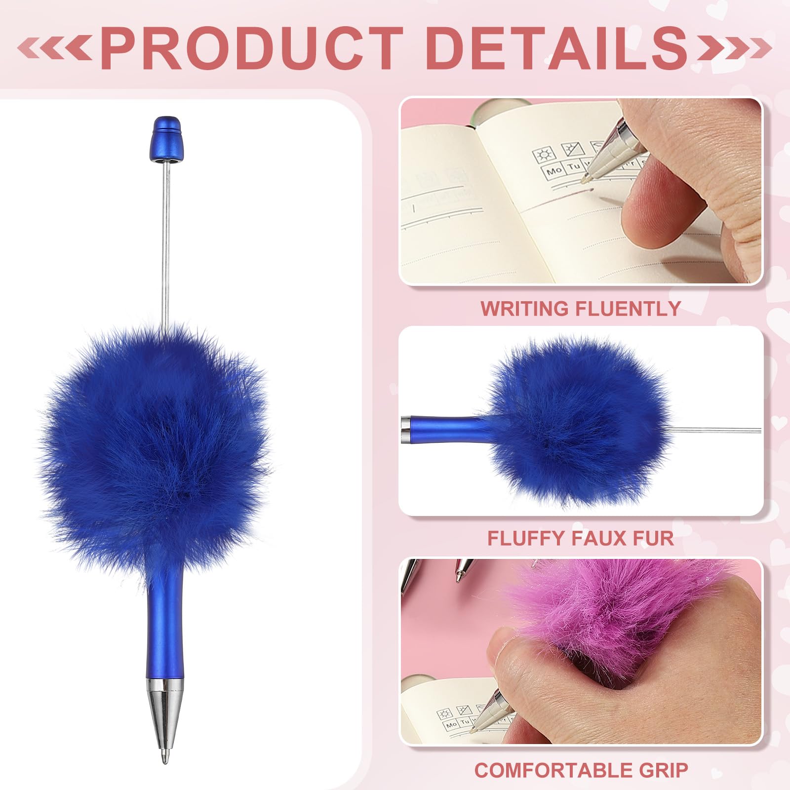 PATIKIL 5Pcs Fluffy Beadable Pens, Plush Fuzzy Plastic Bead Pen Bead Ballpoint for DIY Gift Writing Office Supplies Blue - Image 3
