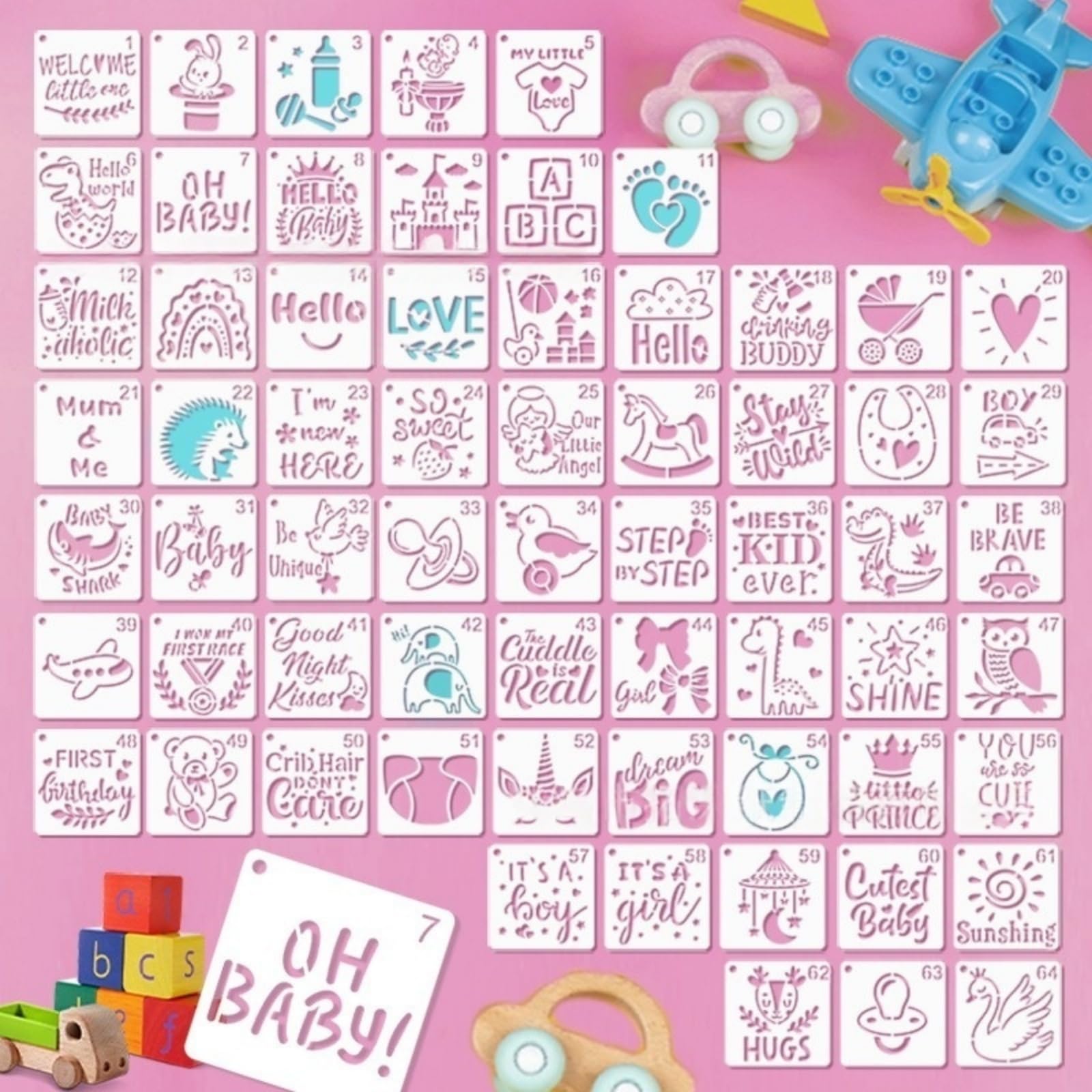 64-Piece Baby Stencil Set, Cute Reusable Stencils for Baby Shower Birthday Children's Room, DIY Craft Projects Wall Art Scrapbooking​