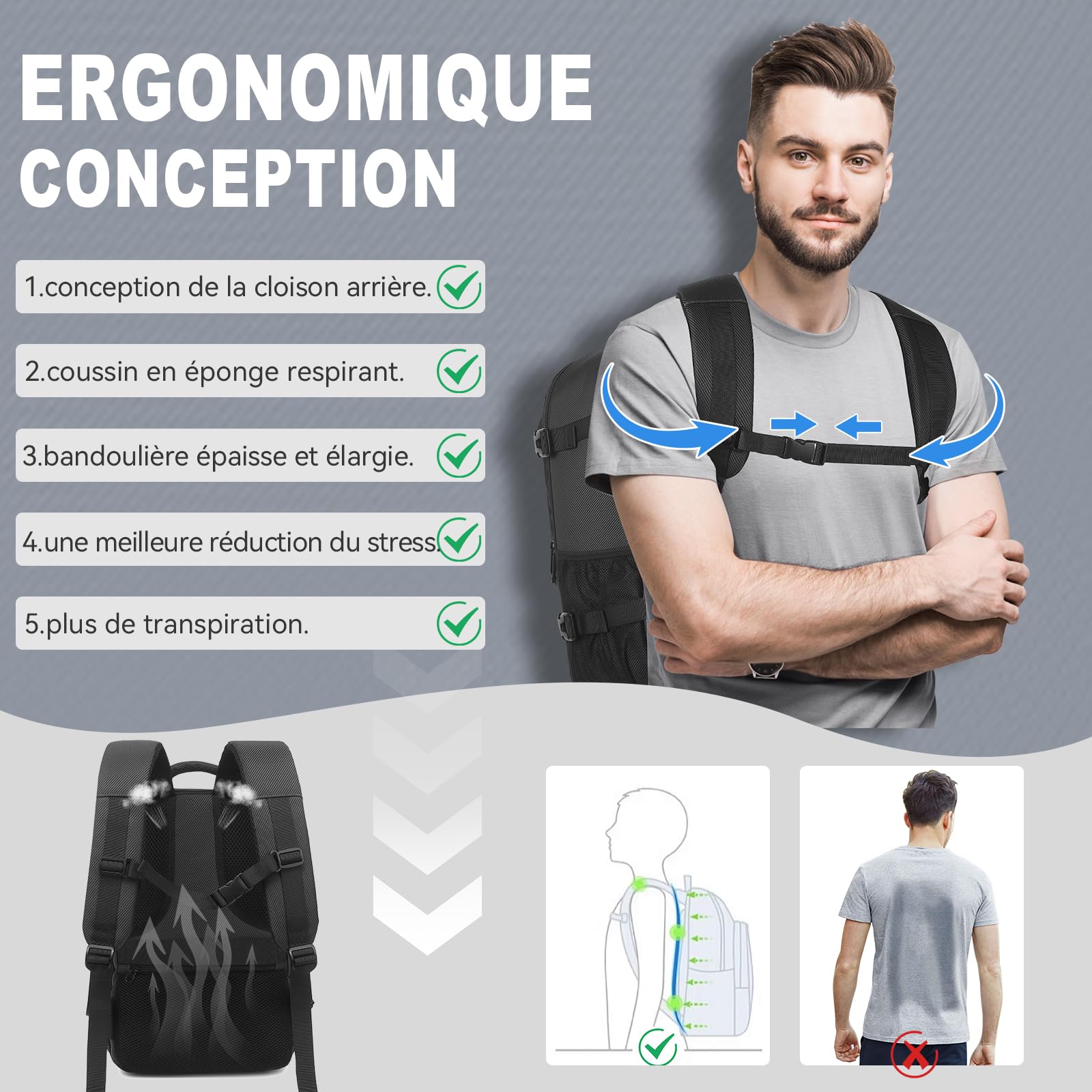 Yankony Sac a Dos Voyage Cabine Avion 45x36x20 pour Easyjet Sac de Voyage Résistant à l'eau & à Rayures Diagonales Homme Bagages Cabine sous Siège Femme sac à dos