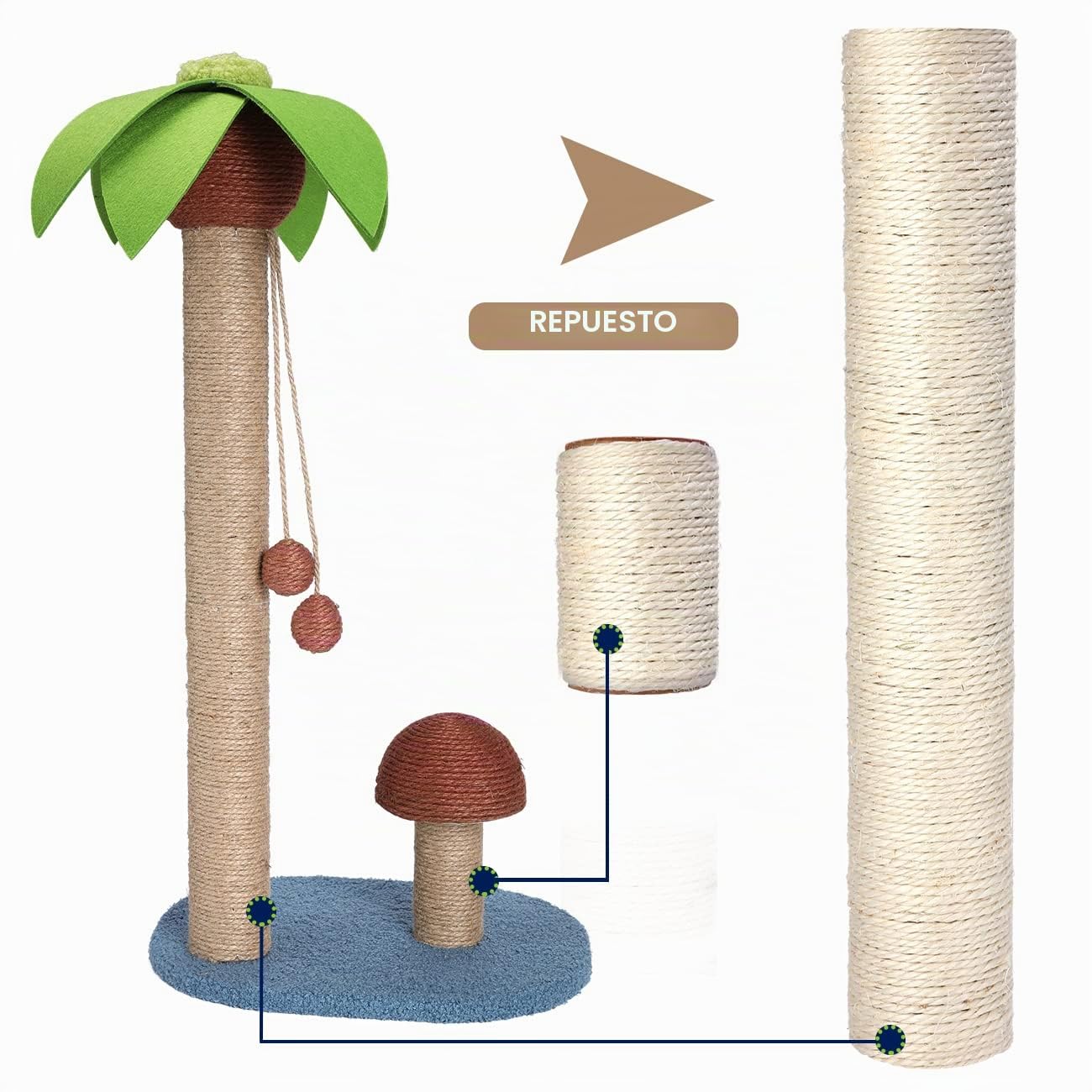 Poste rascador de sisal natural de repuesto, 4 piezas M8 para gatos, piezas de repuesto para reacondicionamiento, color blanco, incluye tornillos (40 + 30 + 20 + 10 cm)