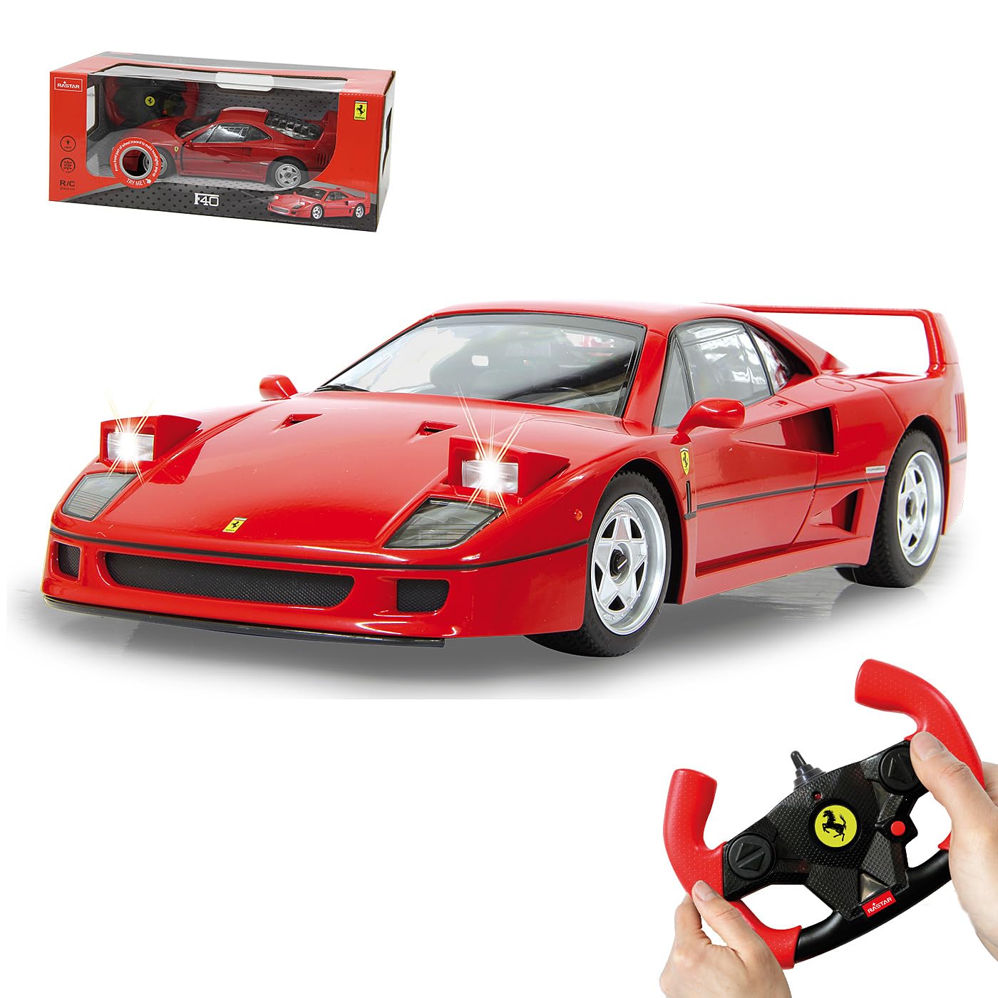 JAMARA 405166 Ferrari F40 1:14 27 MHz oficjalnie licencjonowana, 1 godzina czasu jazdy ok. 11 km/h, światło LED, idealnie odwzorowane szczegóły, szczegółowe wnętrze, wysoka jakość wykonania, czerwony
