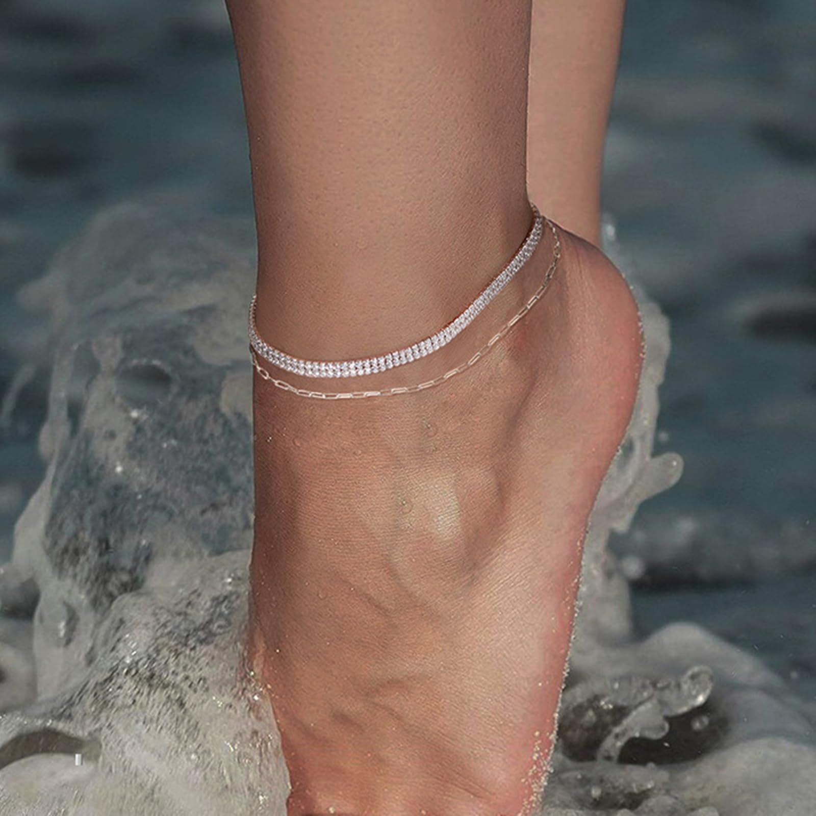 Cavigliere Donna Argento 925, Cavigliera Estiva Doppia Fila con Zirconi A Doppio Strati Argento, Regolabile Fino a 26 cm - Bracciali alla Caviglia da Spiaggia Cavigliere per Donne