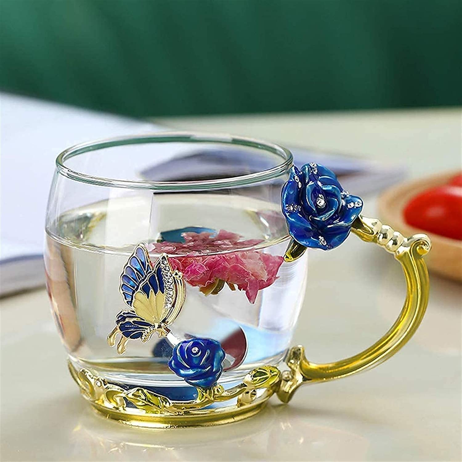 Teetassen, Emaillierte Blumen-Teeglastasse, Kaffeetasse, Glastasse, Damentasse, Blumen-Teetasse, tragbare Wassertasse for Damen, Emaille-Sonnenblumen-Glas-Teetasse, Kristallglas-Löffel-Set