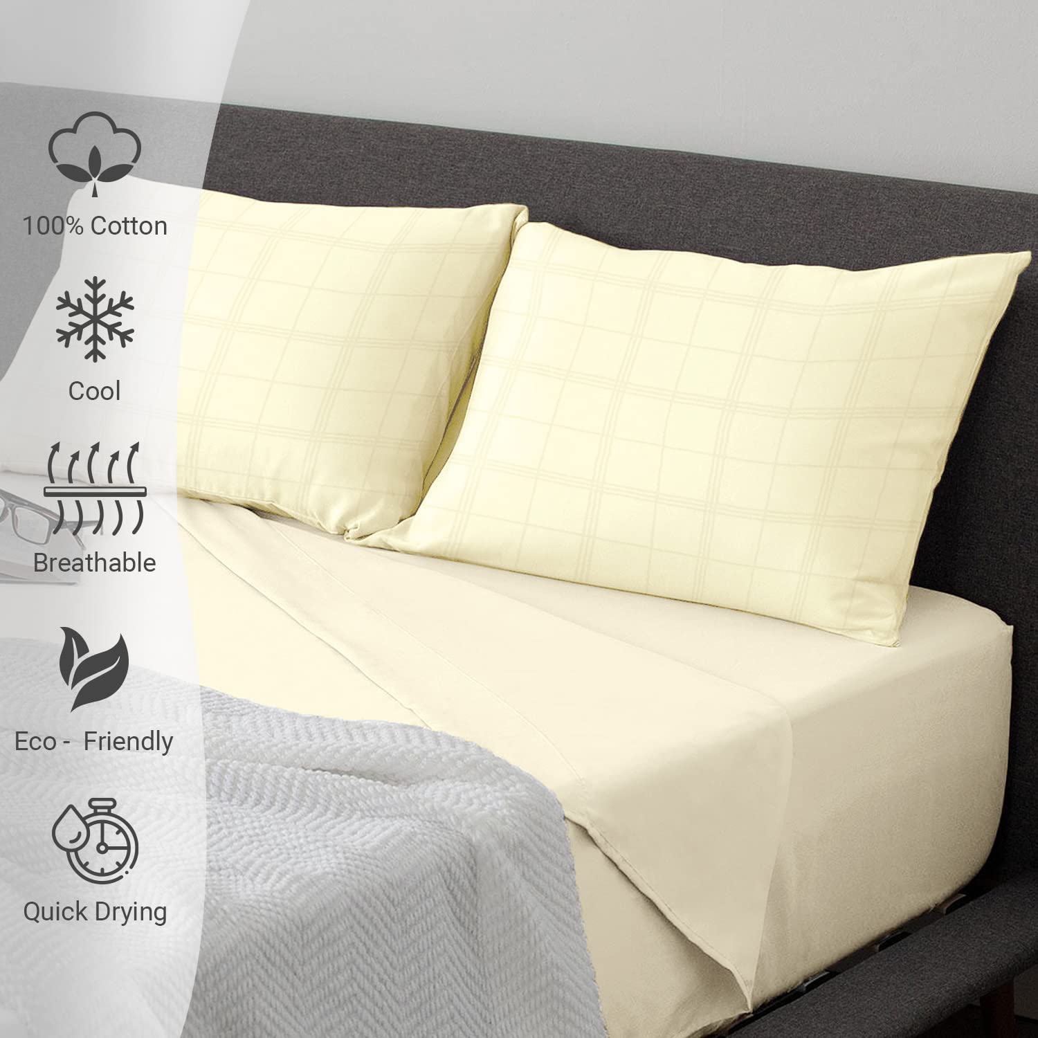 Pizuna 100% Cotton Cream Big Checks Housewife Pillowcases 2 Pack, 300 Thread Count Long Staple Combed Cotton Checked Bedding - Image 2