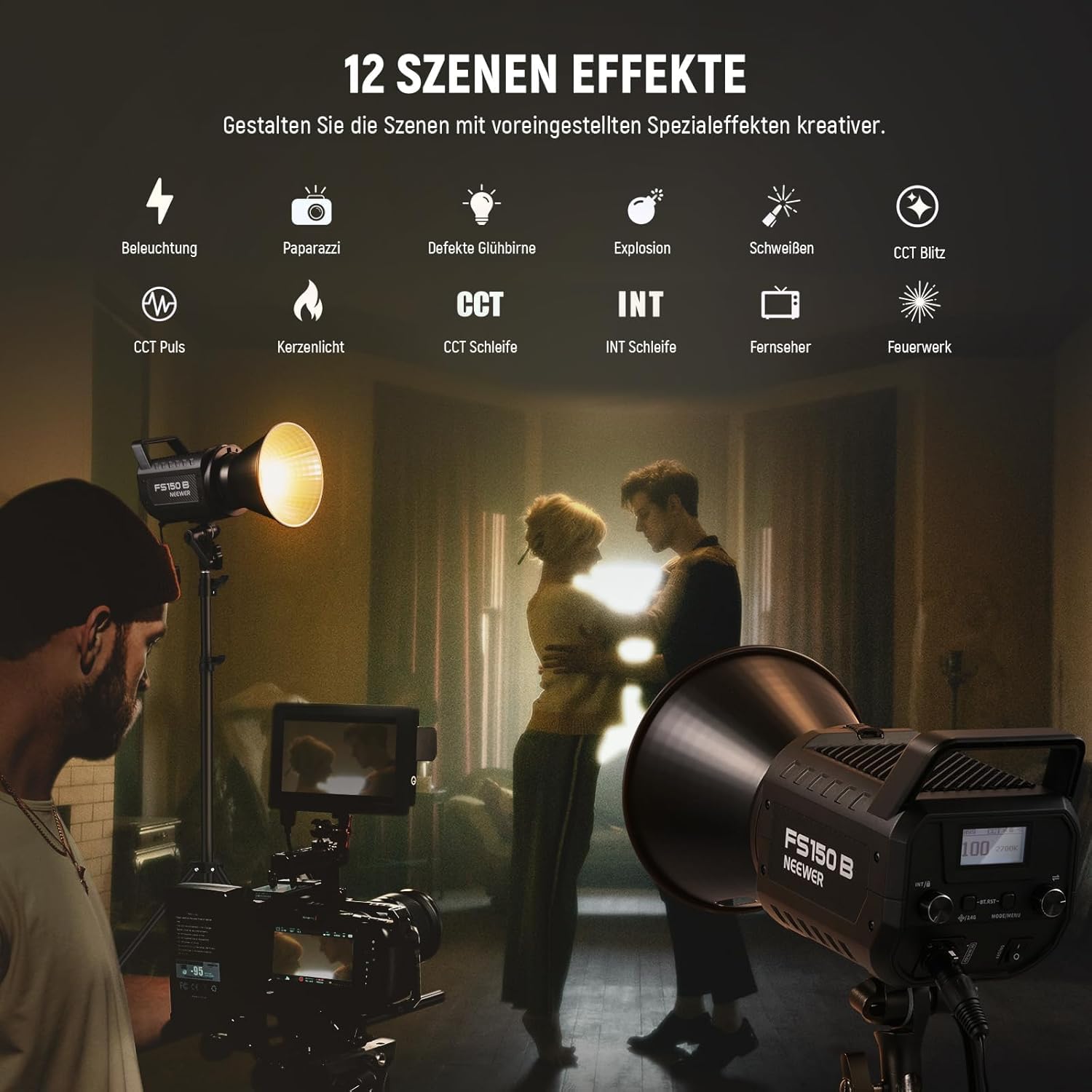 NEEWER FS150B LED Videoleuchte mit 2,4G/APP Steuerung, 130W Bi Color COB leise - Studio Dauerlicht mit 4 Arten präziser Dimmung, 72000 Lux/1m 2700K-6500K, LED Light, Power Adapter,Wireless 2.4G,Black