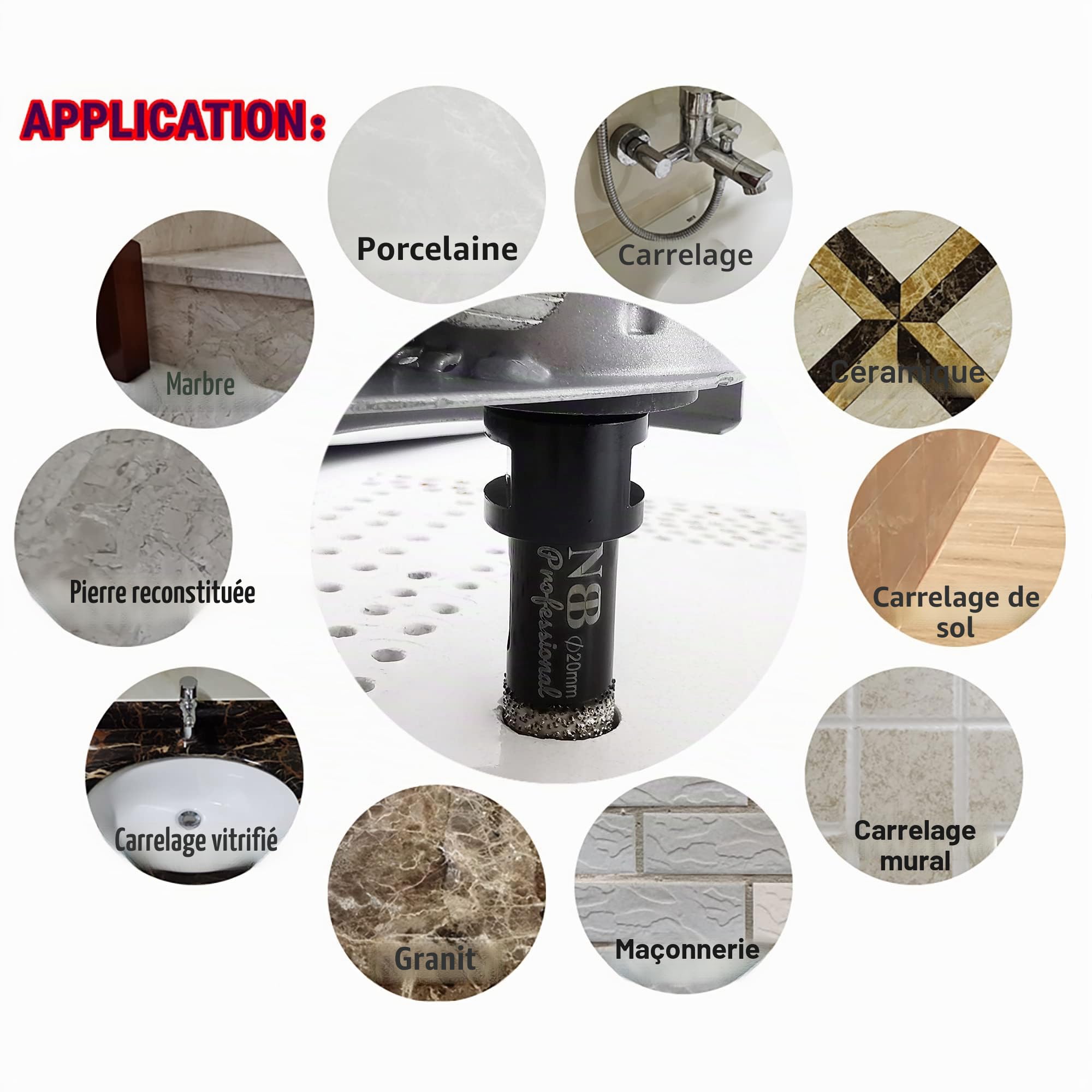 NBB Scie cloche diamant brasé sous vide avec M14, pour le forage à sec ou humide de manière professionnelle sur porcelaine dure, céramique, carrelage, granit, pour meuleuse d'angle (Dia.68mm)