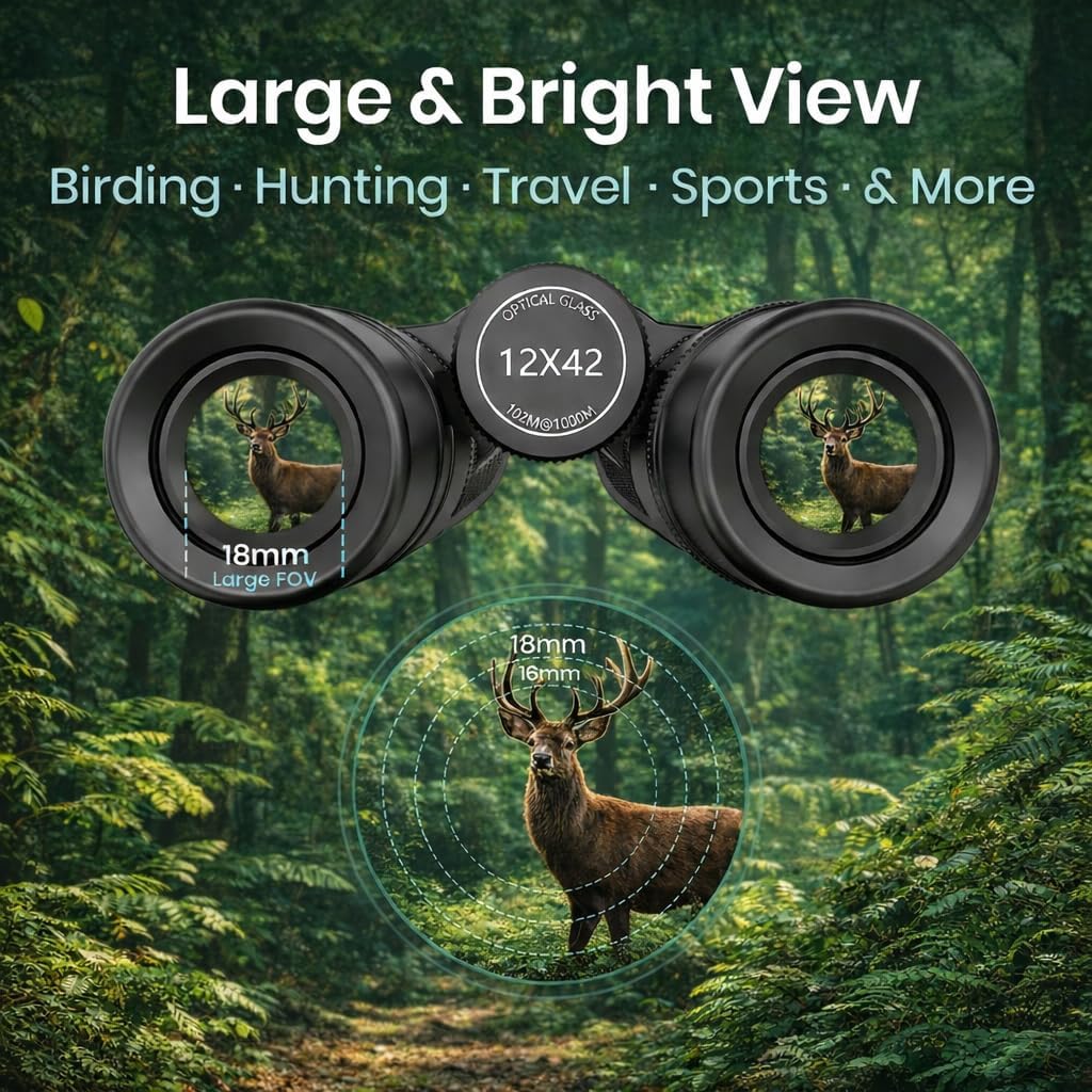 12x42 HD Binoculars for Adults High Powered, Super Bright BAK4 Prism arge View Binoculars with Clear Low Light Vision - Lightweight Waterproof Binocular for Bird Watching, Travel, Cruise, Hunting