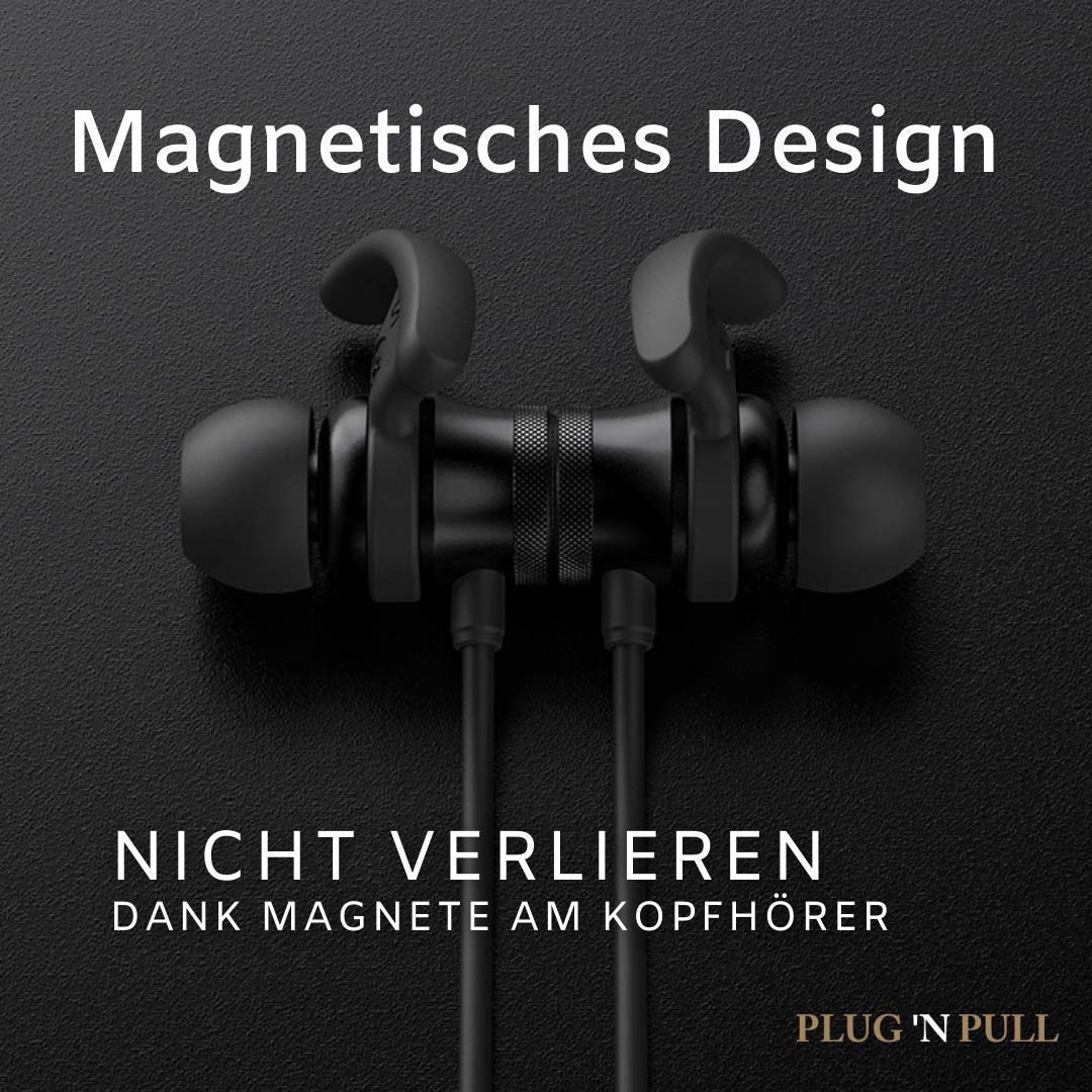 PLUG 'N PULL Écouteurs intra auriculaires sans fil Bluetooth 5.0 avec micro, 15 heures d'autonomie, microphone avec réduction de bruit, idéal sport, résistant à la transpiration, fixation magnétique