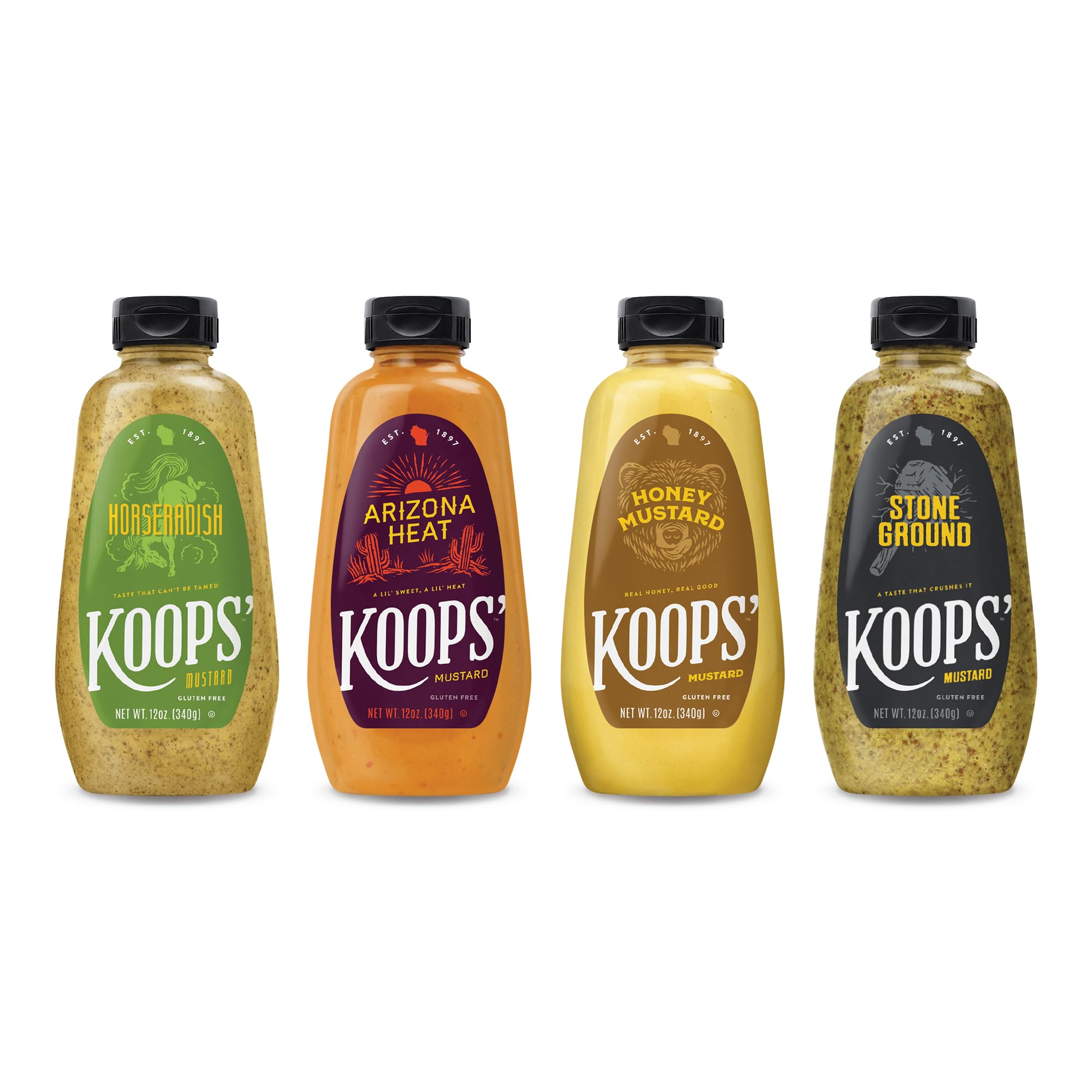Koops' Fan Favorites Mustard Variety Pack – Horseradish, Arizona Heat, Honey Mustard, & Stone Ground – Gluten-Free, Kosher, Made in USA, From Quality
