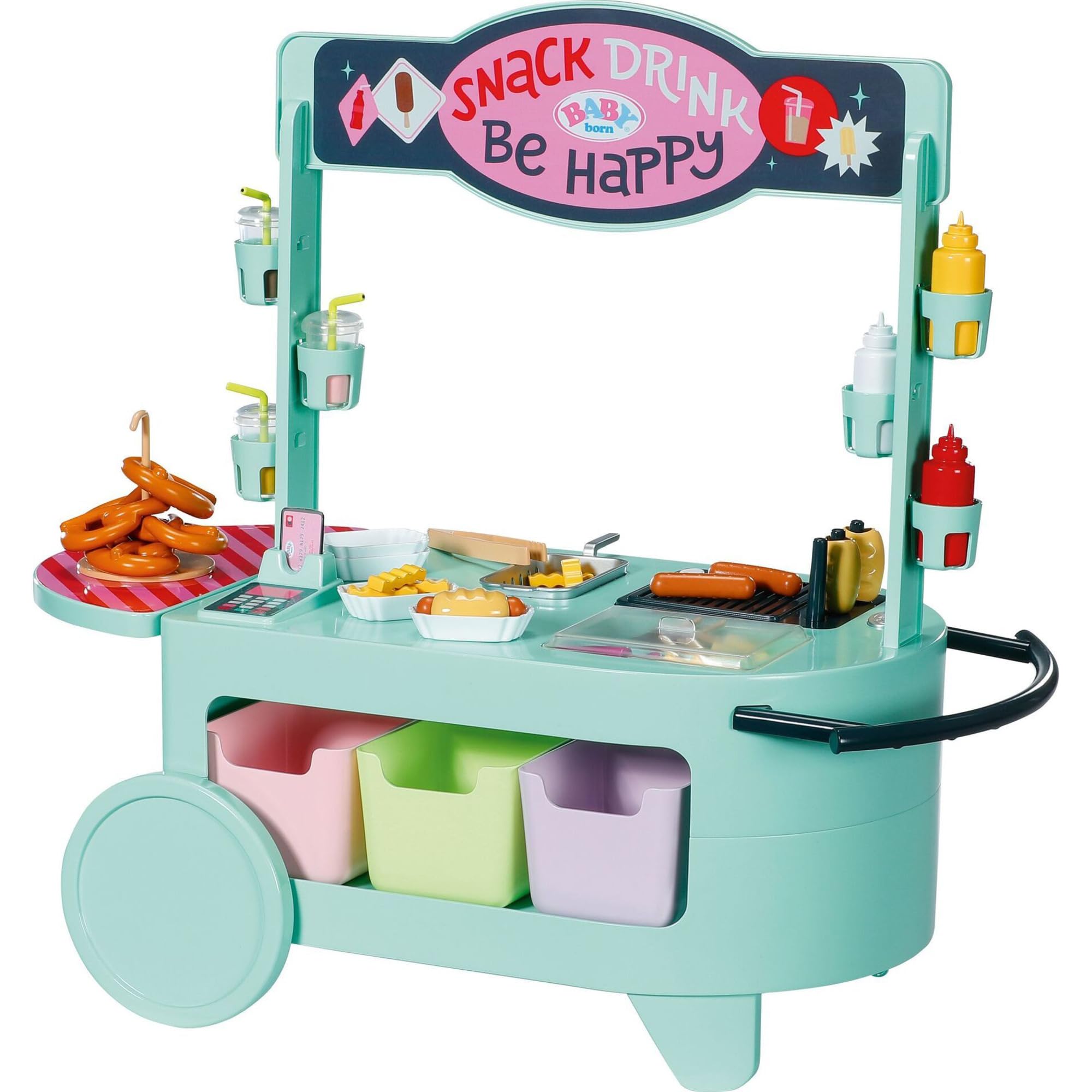 BABY born Sklep z przekąskami - Eetkraam voor poppen met geluidseffecten - 25 verschillende fastfoodsnacks - Hoogwaardige poppenaccessoires - Geschikt voor kinderen vanaf 3 jaar | Efekty dźwiękowe, 25 przekąsek typu fast food, odpowiednie dla lalek 43 cm