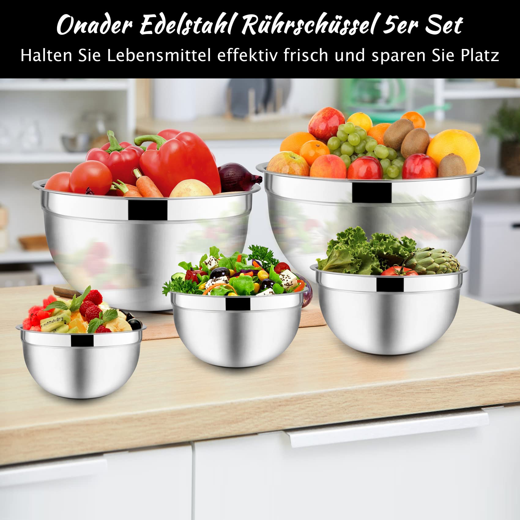 Onader Cuenco para mezclar, 5 piezas, acero inoxidable, juego de ensaladera con tapa hermética, perfecto para hornear/cocinar, apto para lavavajillas, 4,6/2,8/1,6/1,2/0,7L, color negro