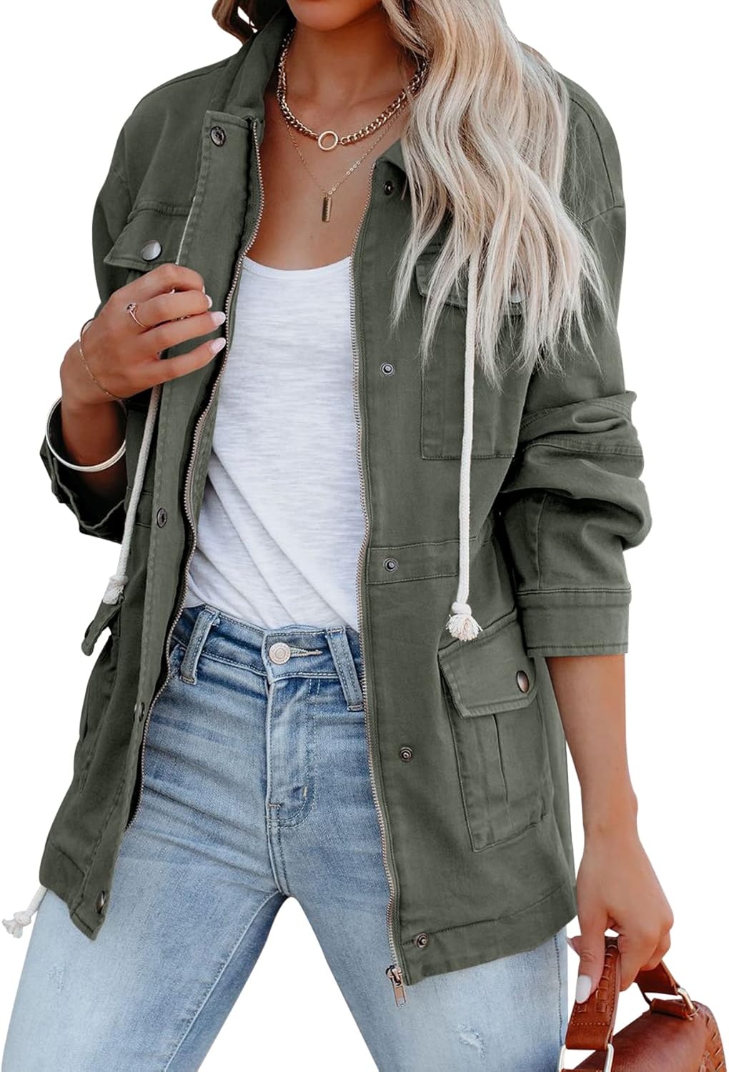 Ebifin Womens Military Anorak Jacket Zip Up Snap Buttons Lightweight Safari Utility Coat Outwear With Pockets - Image 2