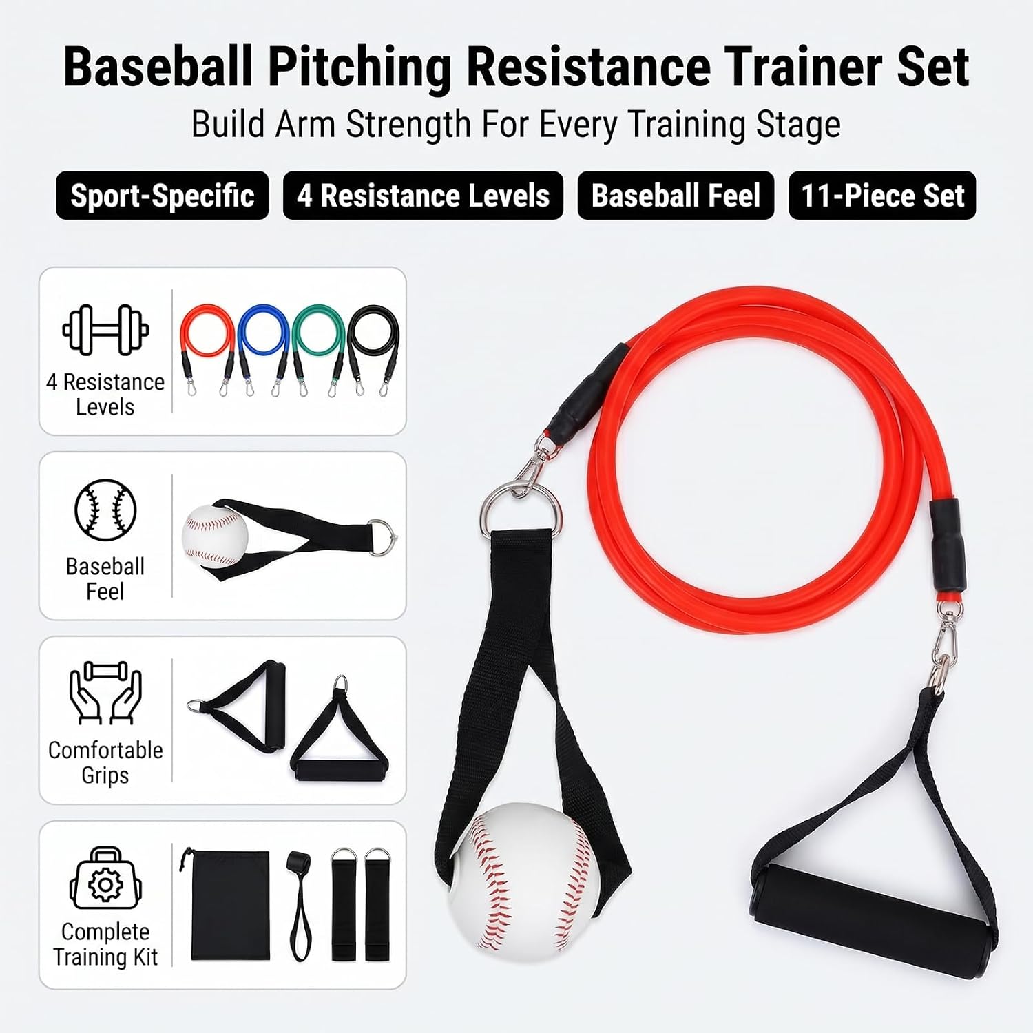 Baseball Pitching Resistance Trainer Kit with Baseball Grip Strap, Throwing Bands for Baseball & Softball Pitchers, Arm Strength Warm-Up Training Equipment