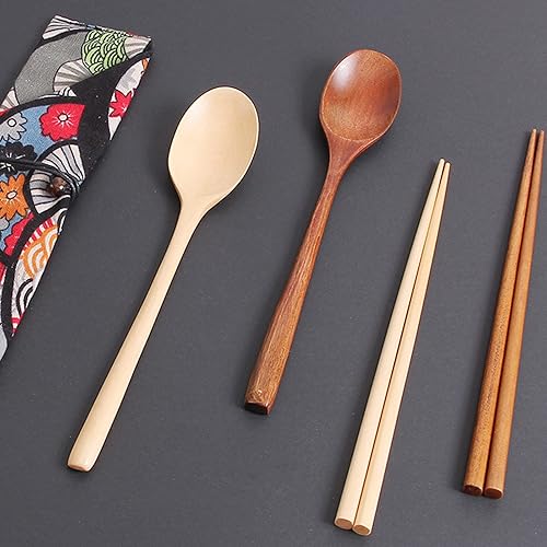 Miniatura 2 de Cubiertos de madera, estilo japonés, juego de cuchara y palillos de madera reutilizables, vajilla portátil, utensilios de viaje, utensilios de