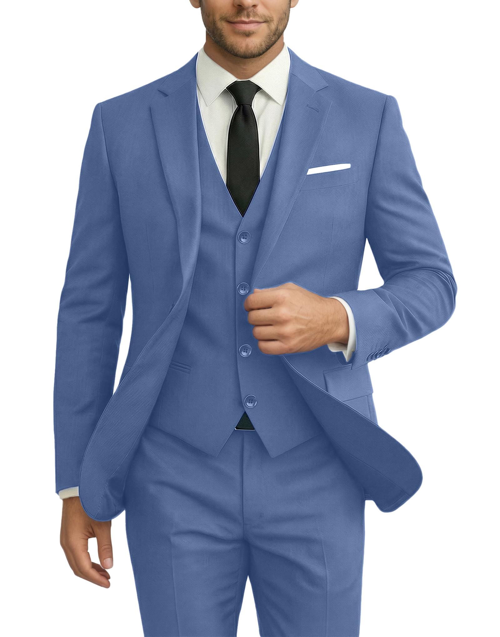 Men Suits 3 Pieces Set Slim Fit Wedding Suit Groomsmen Prom Suit Tuxedo Business Formal Casual Groom Suit Jacket Blazer Pants, Denim Blue, XS
