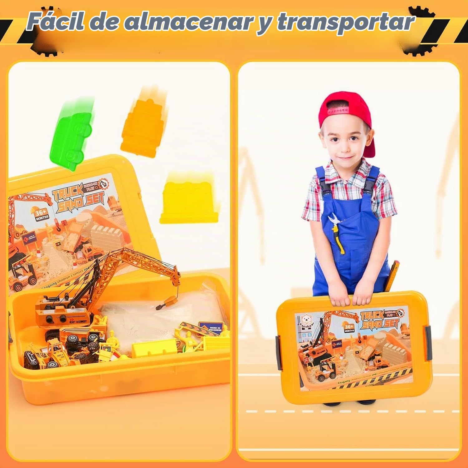 Tacobear Juguetes sensoriales de arena para niños de 3, 4, 5, 6, 7 años, kit de caja de arena para obras de construcción con arena mágica de 1000 g, grúa, 5 mini vehículos, moldes de arena, juguete de