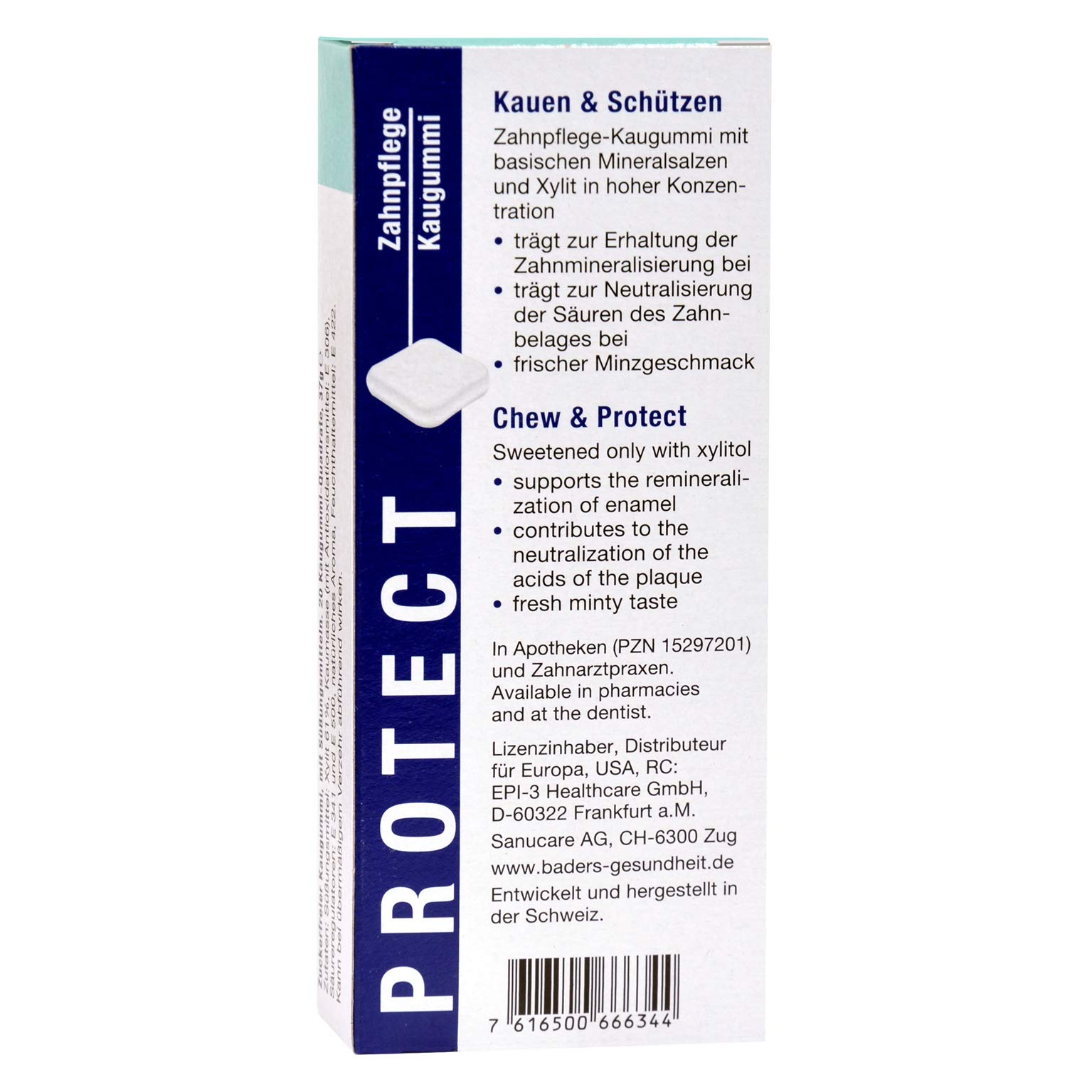 BADERs PROTECT Zahnpflege Kaugummi aus der Apotheke. Display mit 24 Packungen. Je Packung 20 Kaugummi-Quadrate. Zuckerfrei mit Xylit. PZN 04451478