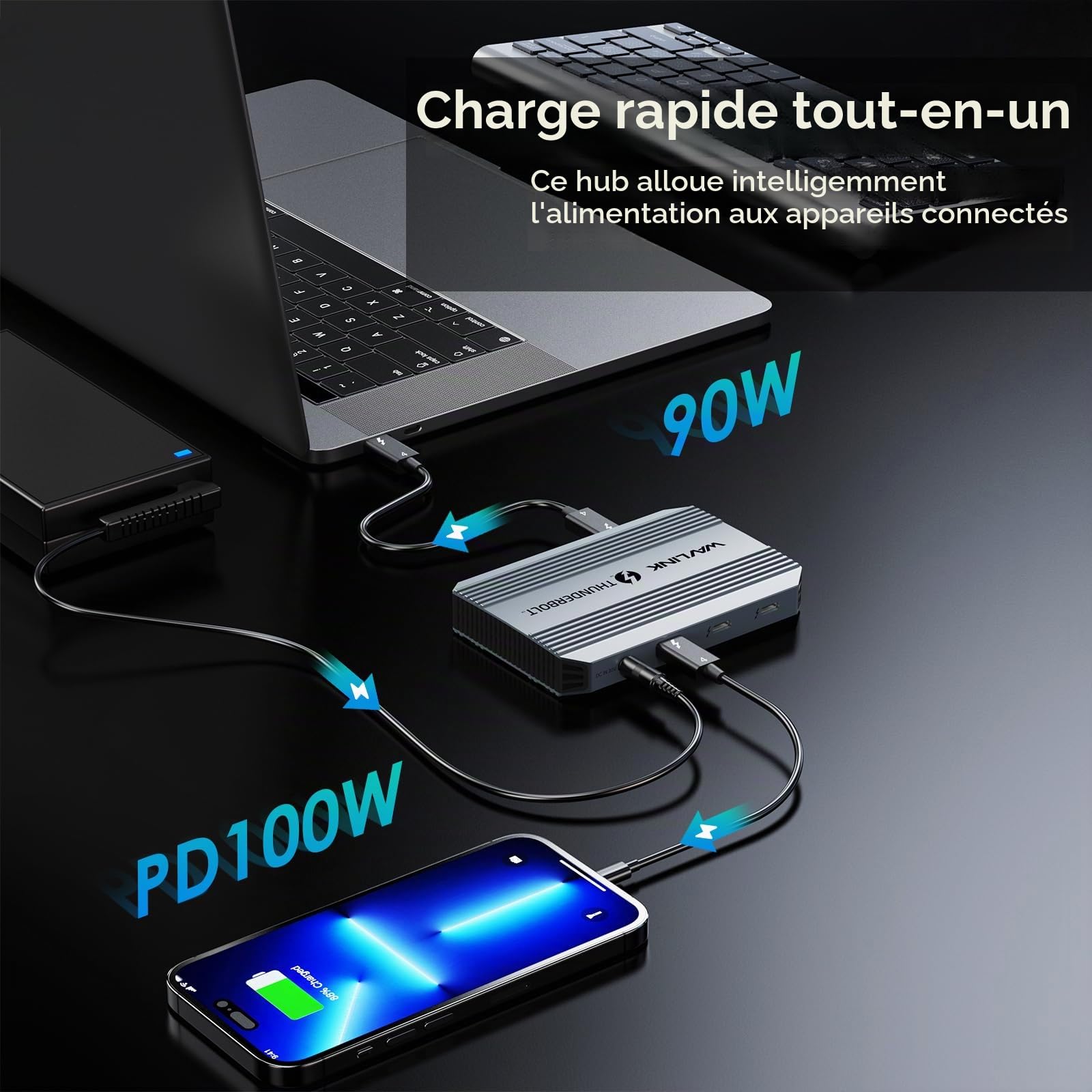 Station d'accueil Thunderbolt 4, WAVLINK USB C Hub avec Double Affichage 4K@60Hz, 100w Power Delivery, USB-A 3.2 Gen 2, pour MacBook Pro/Air M1 M2 M3, Ordinateur Portable Thunderbolt 4/3