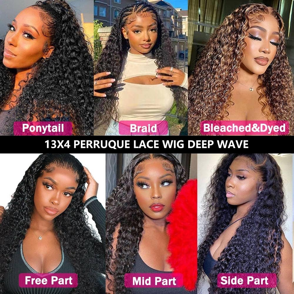 Rebasar Deep Wave 13x4 Lace Front Wigs Human Hair 26 Zoll Menschliches Haar Perücke für Damen 150% Dichte Brazilian Curly Human Hair Wig with Baby Haar Natural Color