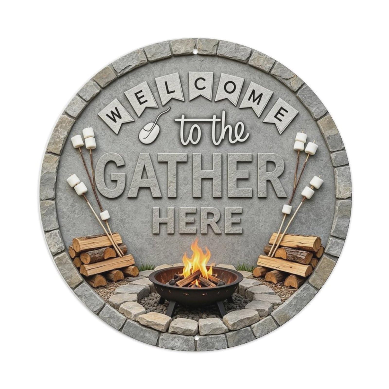 Outdoor Fire Pit Gather Here Metal Tin Sign Plaque