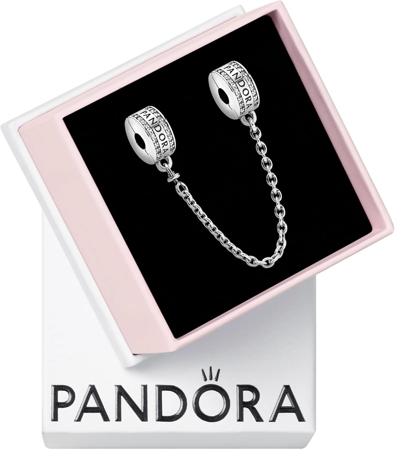 PANDORA Logo Safety Chain Clip Charm - Compatible Moments Bracelets - Jewelry for Women - Gift for Women in Your Life - Made with Sterling Silver & Cubic Zirconia, With Gift Box