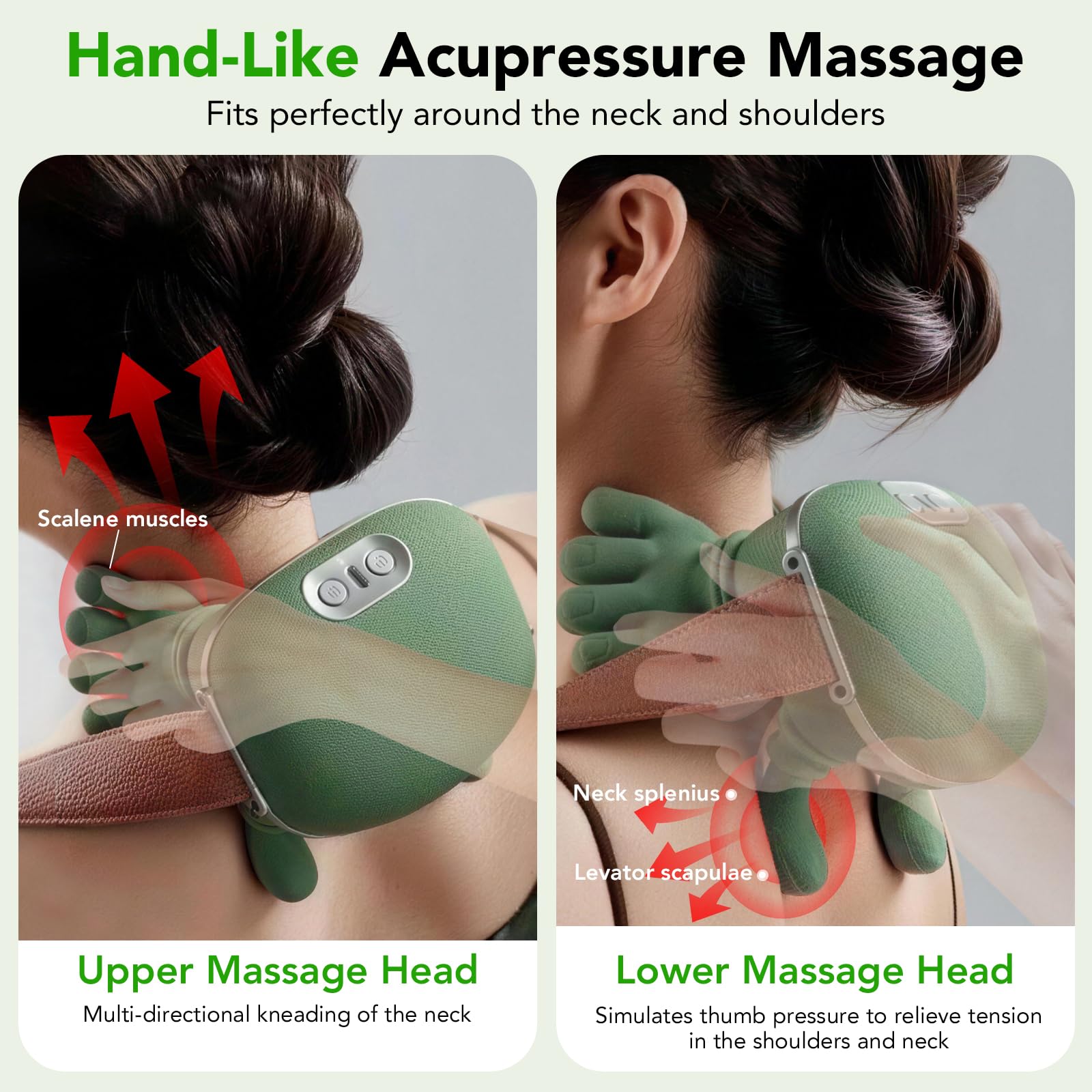 4D Masajeador Cervical y Espalda, Masajeador de Hombros para Cuello y Hombros con Función de Calor, 3 Velocidades, 2 Niveles de Calor (30°C/40°C), Masajeador para Casa/Oficina/Viajes/Regalos, Verde