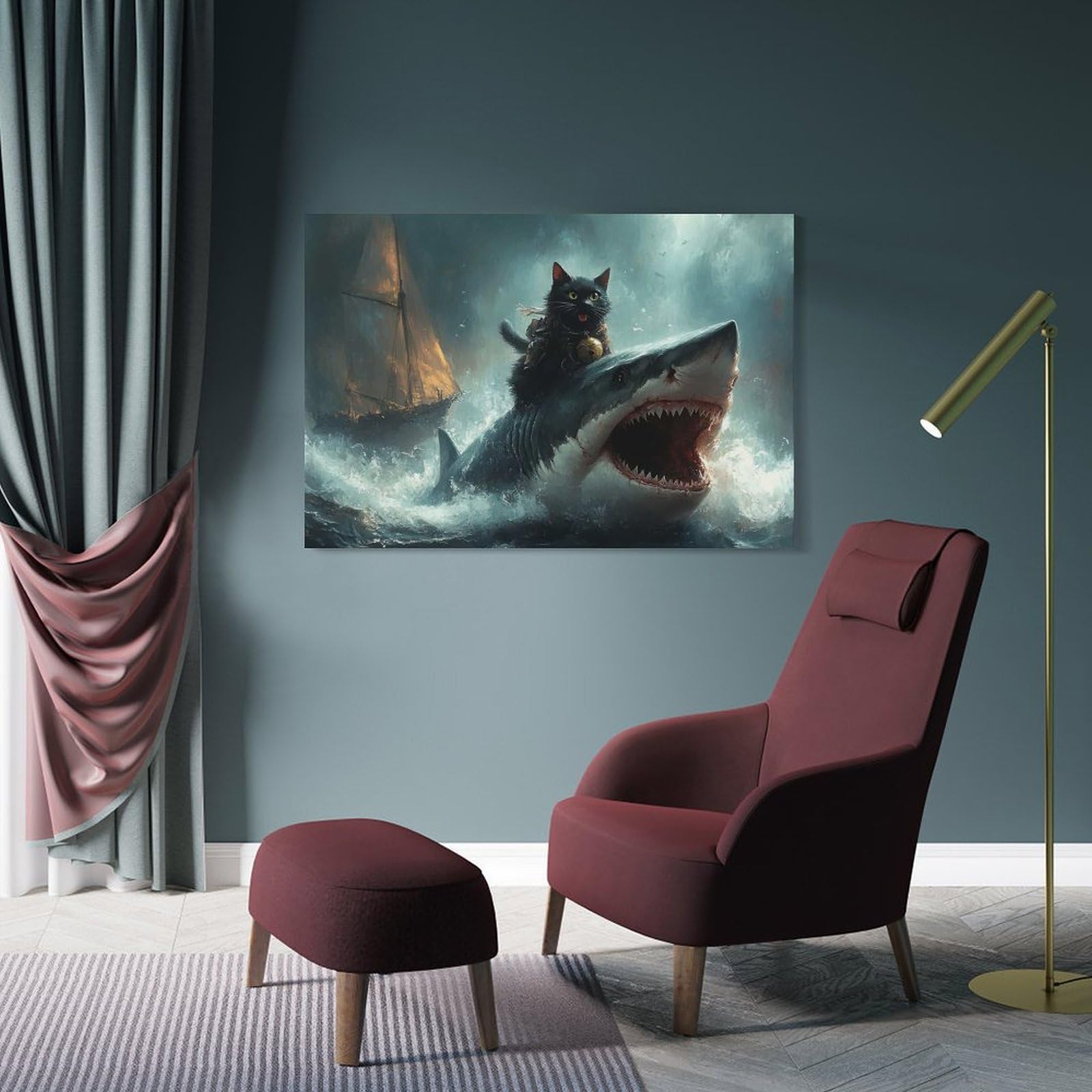 Junmoney Canvas Wall Decor Black Cat Riding Shark Funny, 16x24inch(40x60cm), for Bedroom, Guest Room Or Reading Nook, Decorative Wall Art for Cosy Rooms