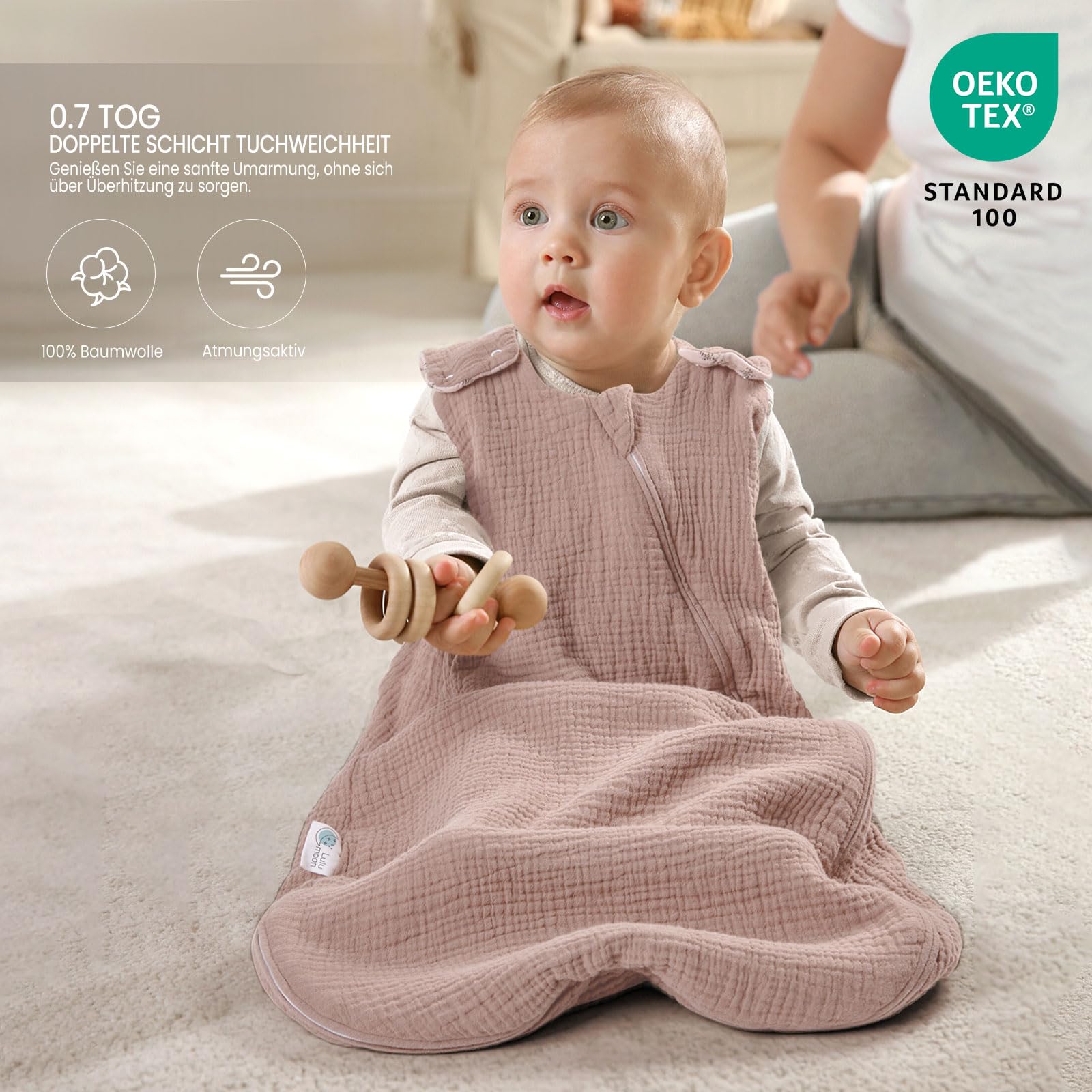 lulumoon Baby Schlafsack für 3-9 Monate: Musselin Schlafsack Baby für Jungen und Mädchen - Baumwolle Babyschlafsack für 70cm Ganzjahres Kinderzimmer