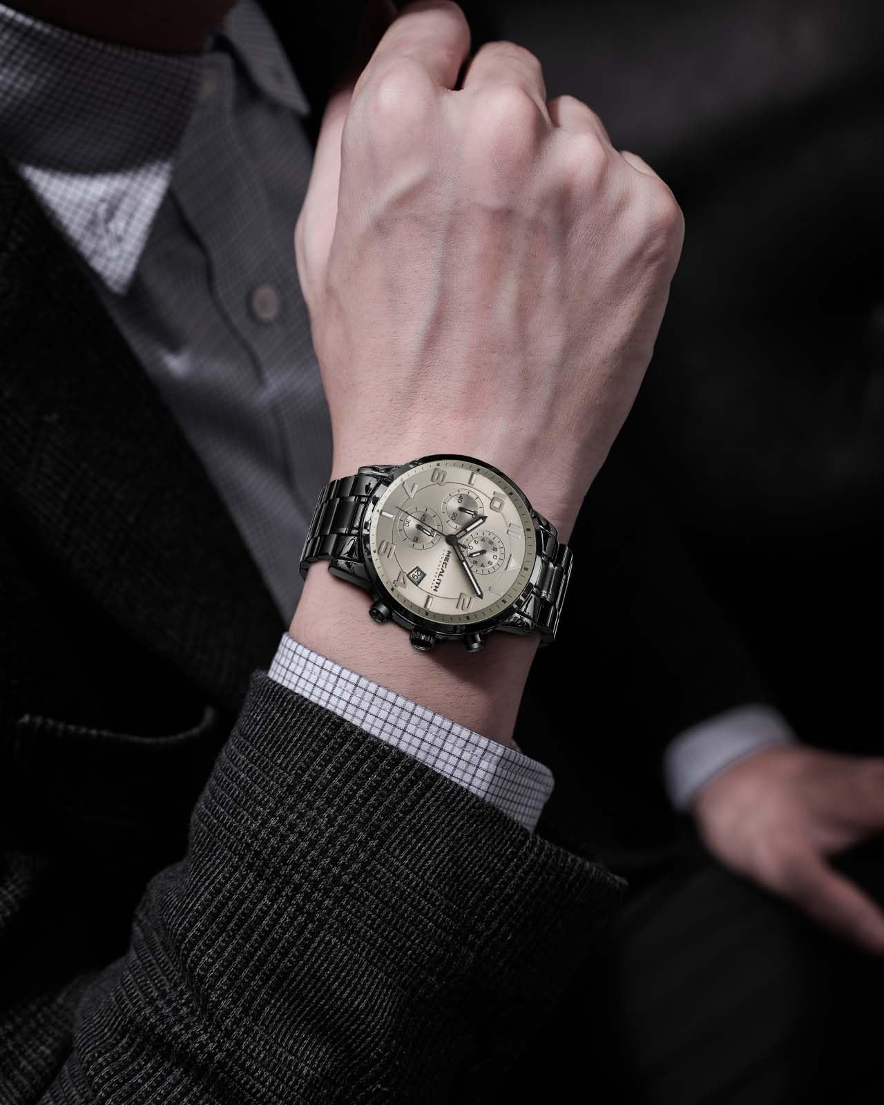 MEGALITH Montre Homme Chronographe Analogique: Grand 44 mm Quartz Etanche | Montre Habillée Acier Inoxydable avec Date Aiguille Lumineuse pour Travail et Loisirs Quotidiens - Cadeau pour Père Mari Fils