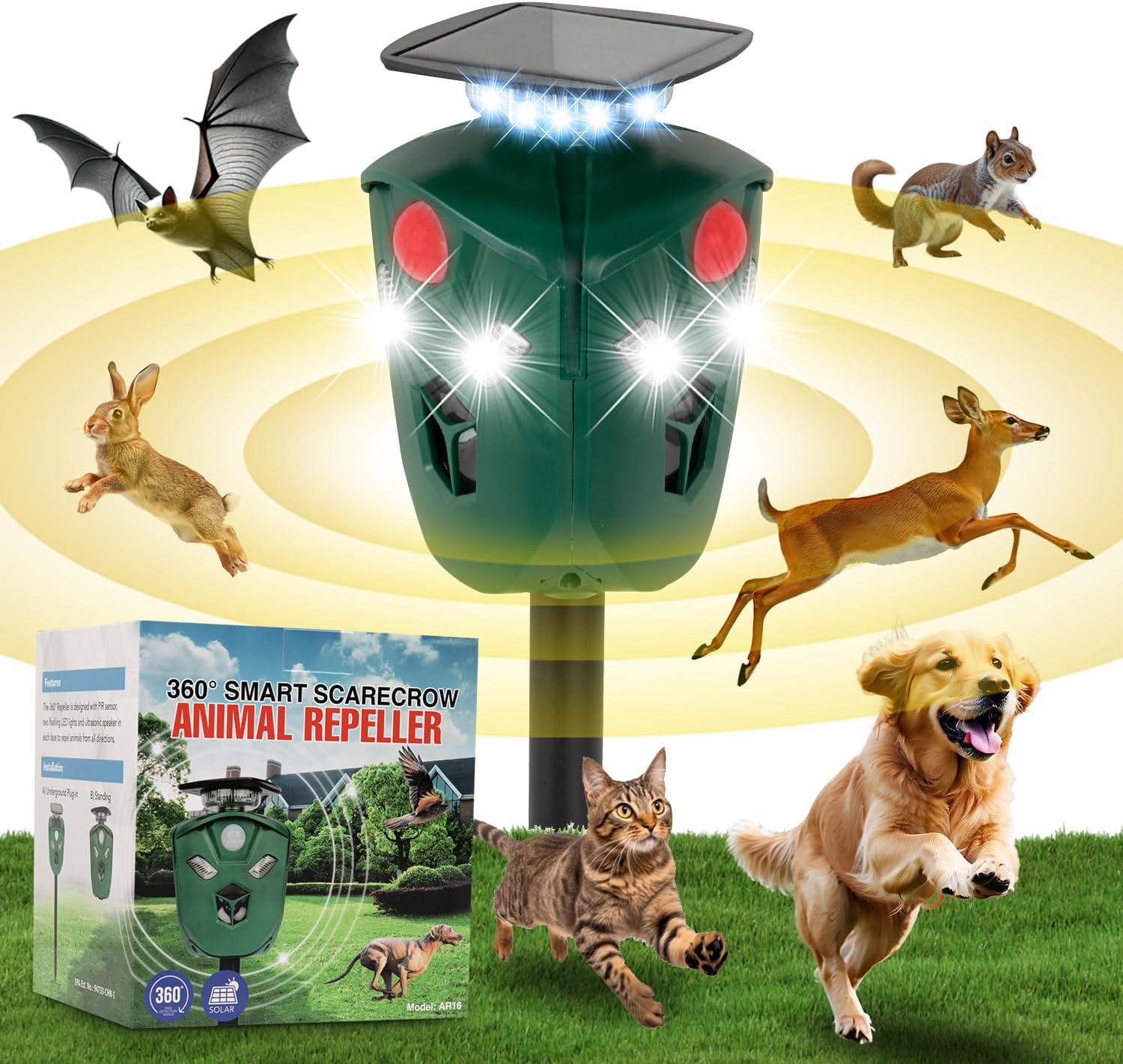 Solar & USB Powered Ultrasonic Animal Repeller, 360° Outdoor Motion-Activated Deterrent with 3 PIR Sensors & Flashing LED Lights, Waterproof Pest Repellent for Yard & Garden