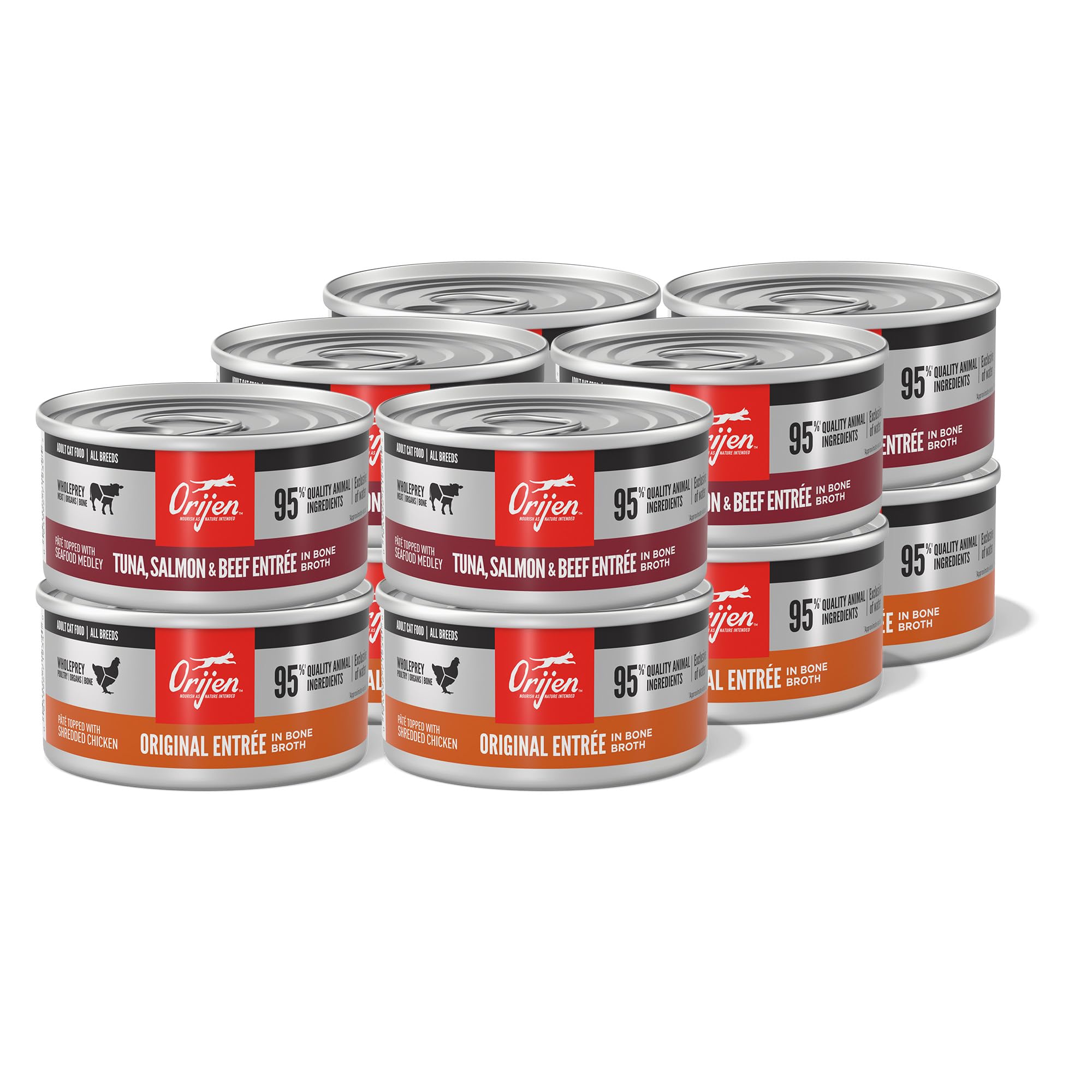 ORIJEN Premium Pate Wet Cat Food Variety Pack: Tuna Salmon & Beef + Original Entrées 3oz Cans (12 Count, 6 of Each)