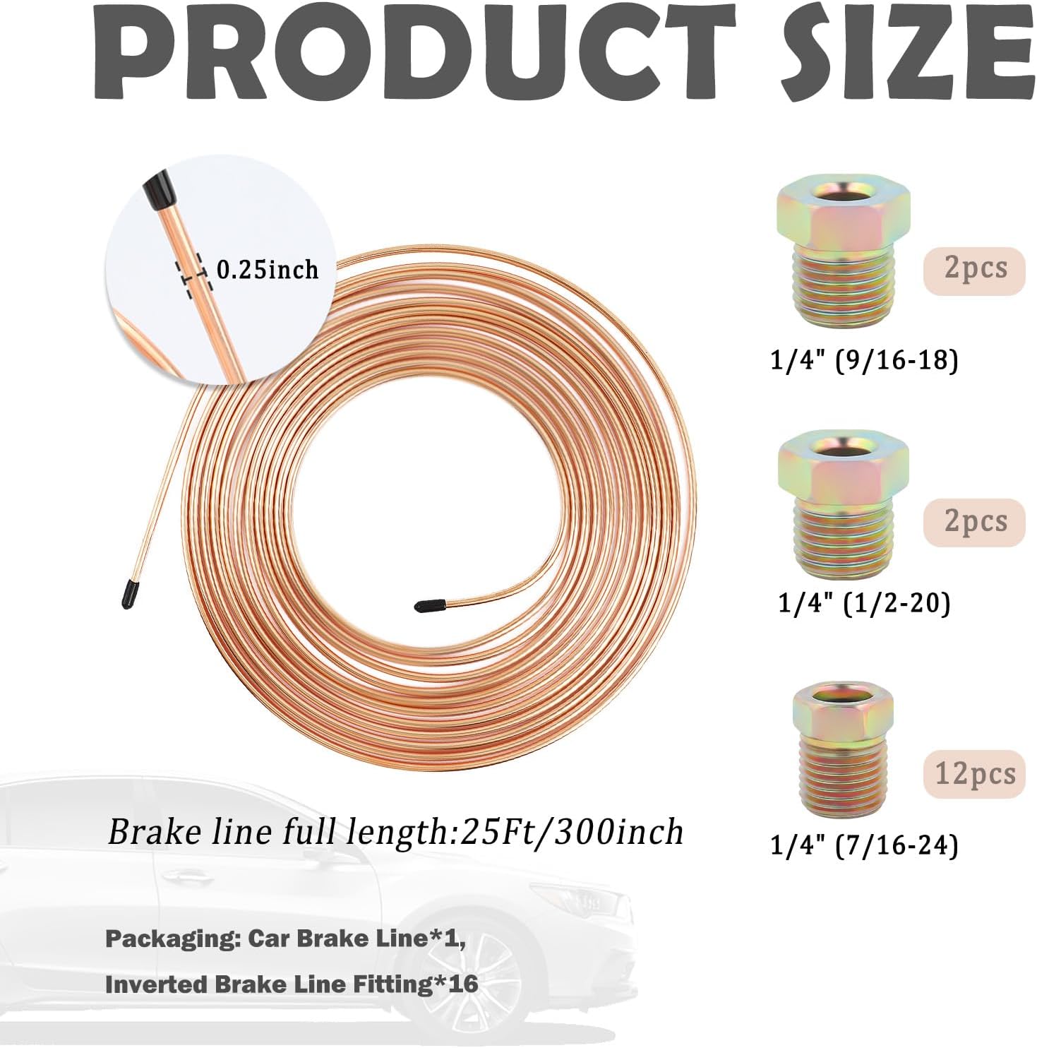 25Ft 1/4 Brake Line Kit Includes 16PCS Inverted Flare Fittings,Copper-plated Car Brake Line Repair Kit for Vehicle System Maintenance,Flexible Cars Brakes Lines Coil Car Accessories