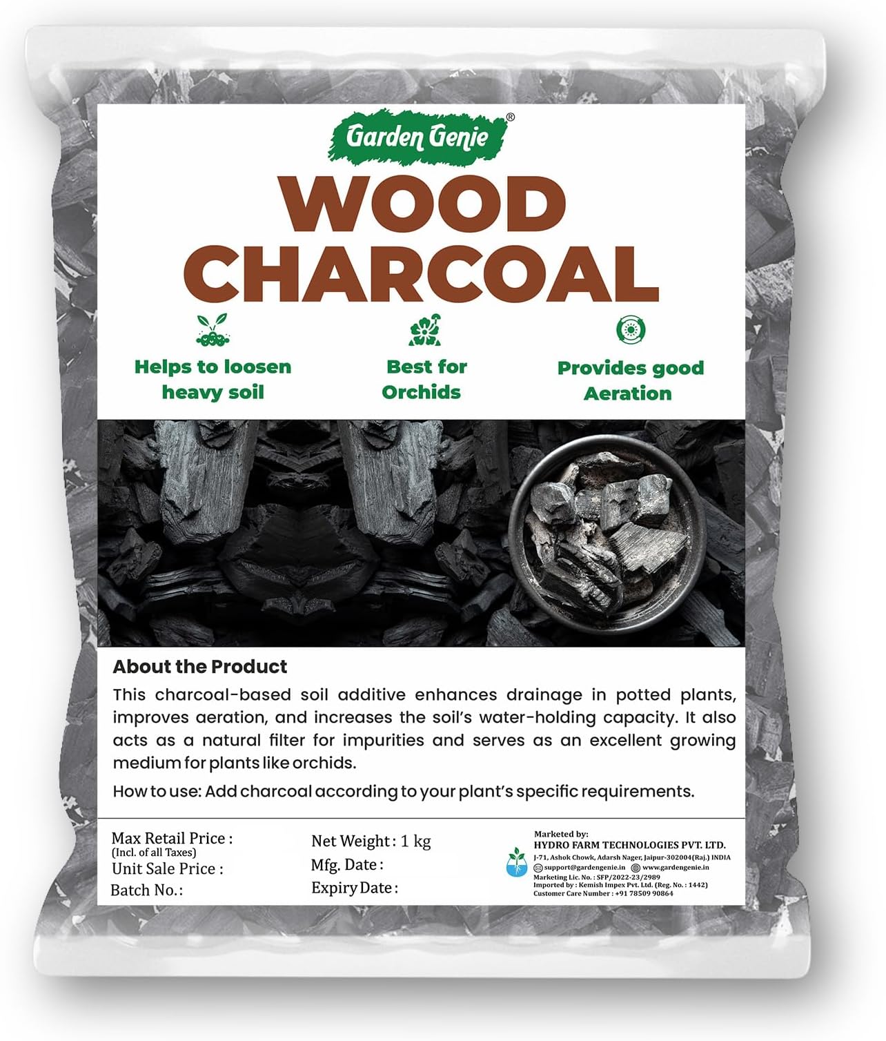 Garden Genie Wood Charcoal for Plants 1 Kg| Horticultural Charcoal for Orchid Potting, Terrariums Plants Etc | Multipurpose Use for Havan, BBQ, Cooking, Pooja Dhoop & Gardening
