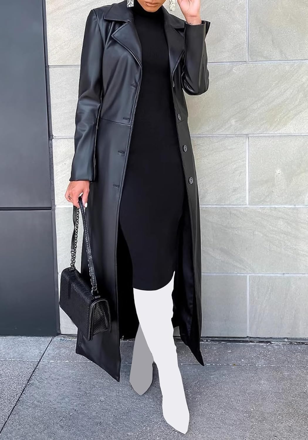 Tcremisa Womens Long Leather Jacket Long Sleeve Single Breasted Faux Leather Trench Coat Mid Length Motorcycle Coats - Image 4