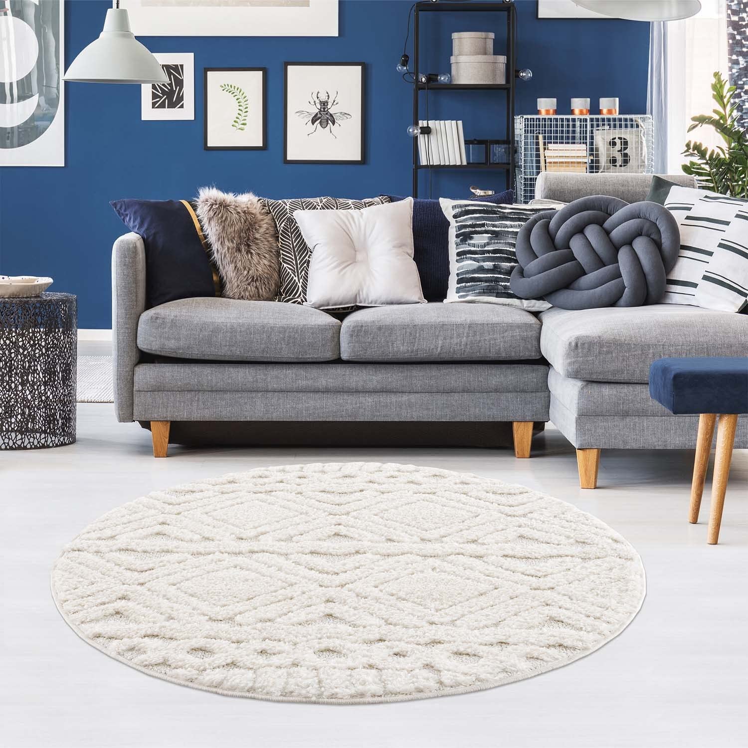 carpet city Teppich Wohnzimmer Hochflor Creme - 200 cm Rund - Rauten Hochtief-Muster, 3D-Effekt - Bettvorleger Schlafzimmer Teppiche Boho, Skandi
