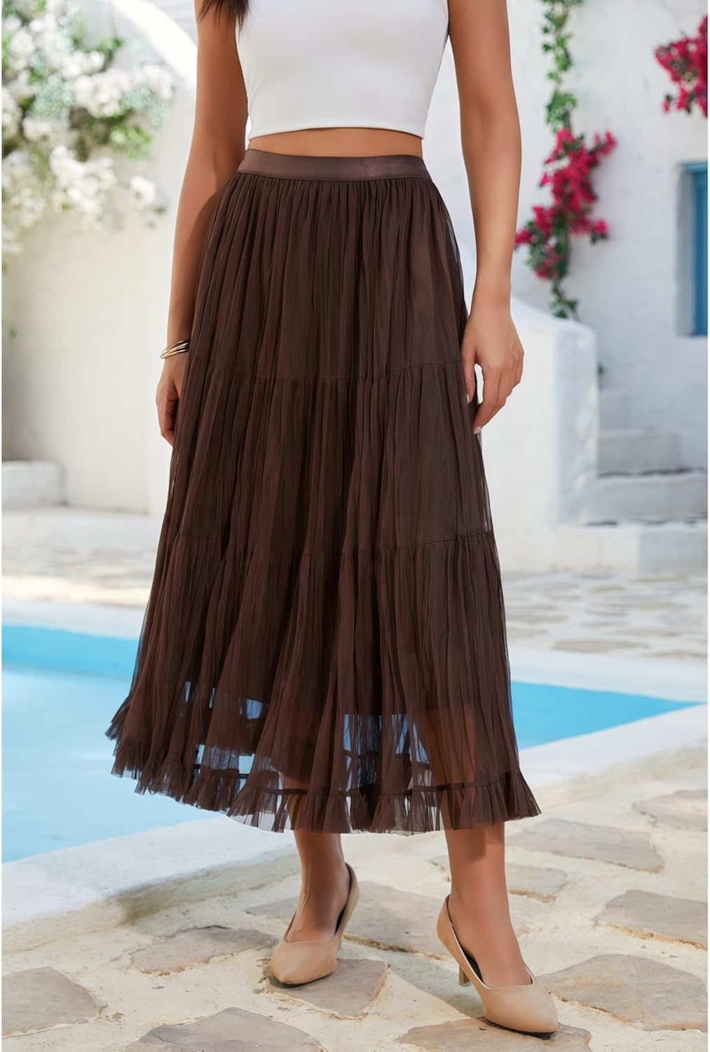 Tulle Skirts for Women with Lining Elastic High Waisted Tiered A-Line Pleated Long Maxi Skirt