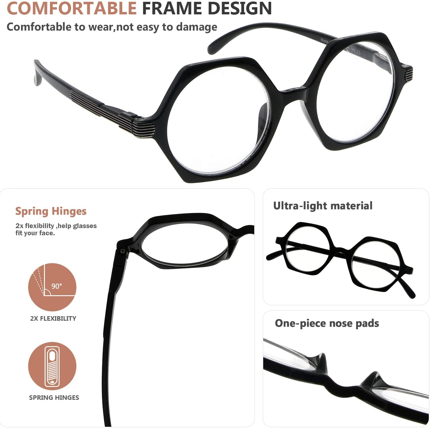 Eyekepper Small Hexagon Glasses for Women Reading - Mini Octagon Reading Eyeglasses Odd Readers Men - Black +3.00 - Image 4