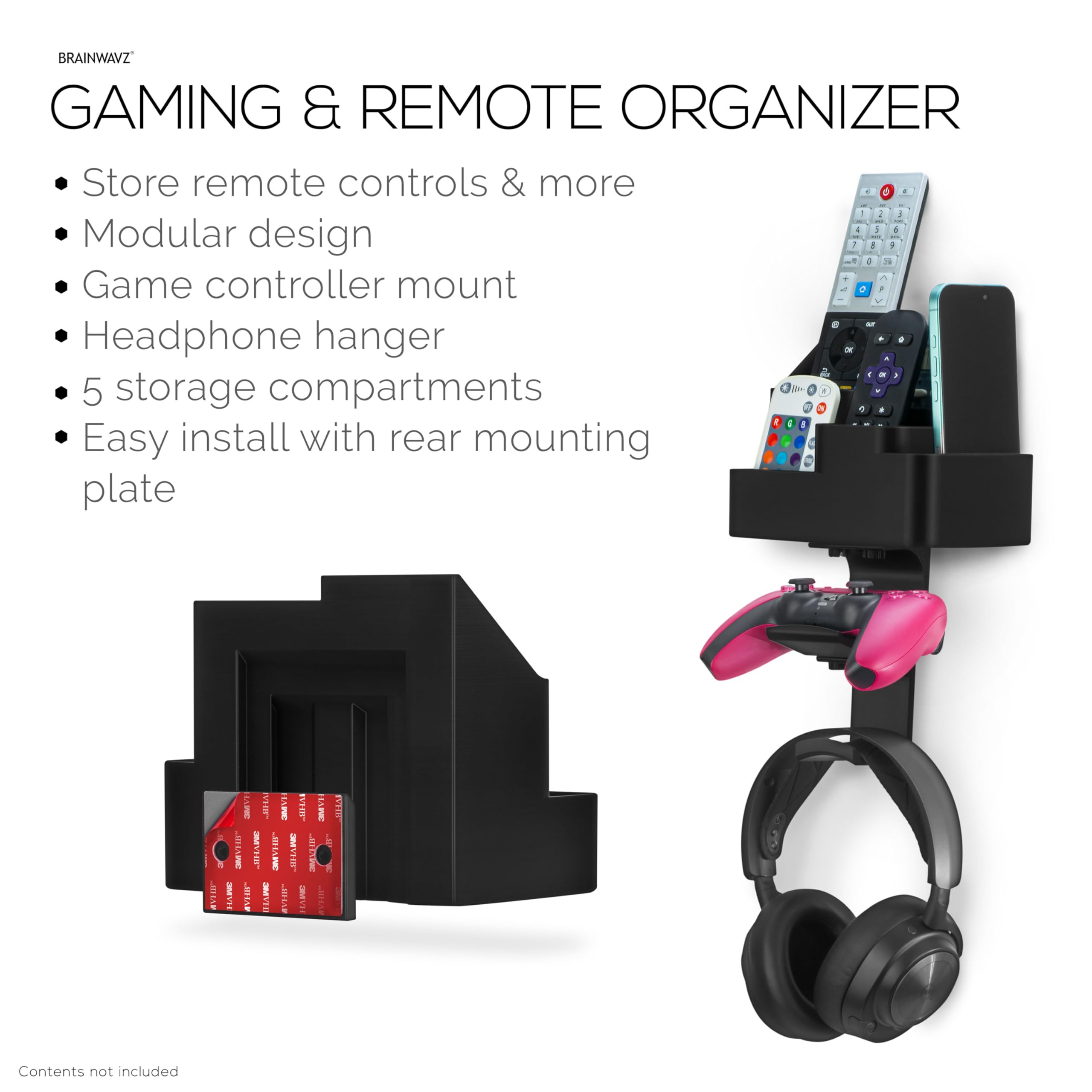 BRAINWAVZ Organizer da parete per telecomandi e videogiochi, supporto per telecomandi/mobile con ganci rimovibili per cuffie e controller – Adatto per PS5, Xbox, TV e telecomandi in streaming