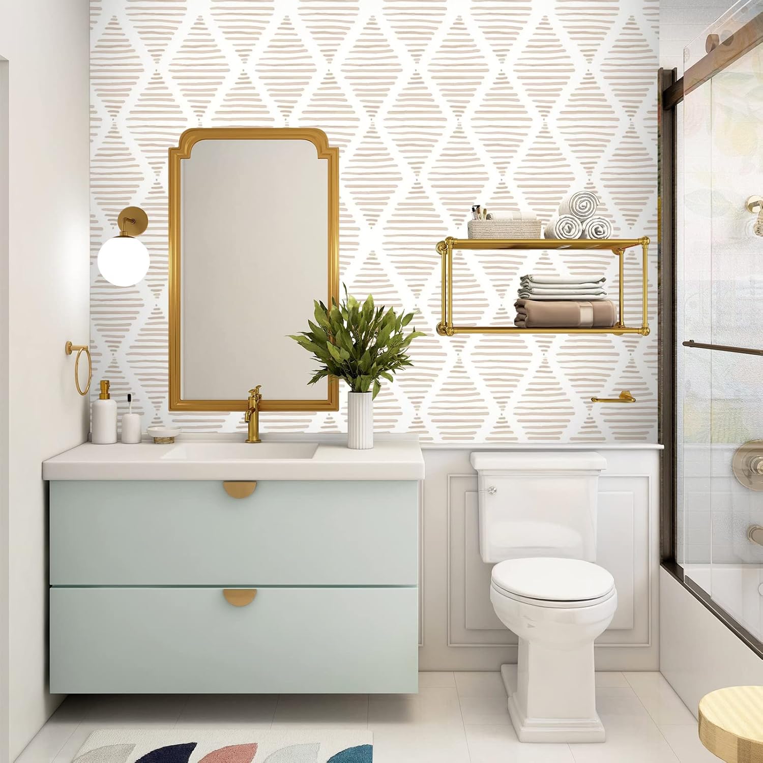 Yun-aeon 17.7" X 120" White and Beige Stripe Peel and Stick Wallpaper Modern Diamond Contact Paper Geometric Removable Wallpaper Self Adhesive Wall Paper for Bedroom Drawers Cabinets Decor Vinyl