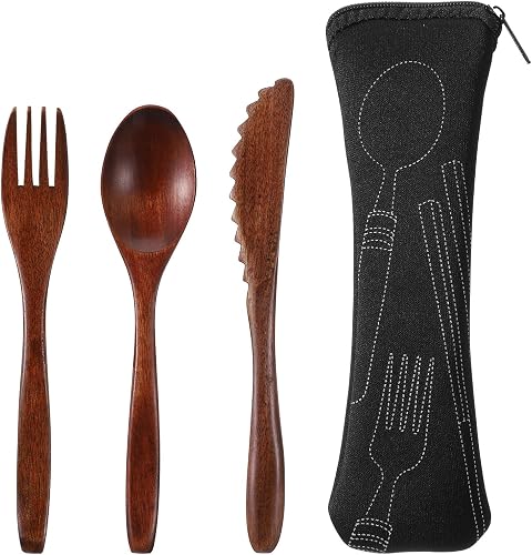 Wooden Dinnerware Set of 3 Portable Wooden Cutlery Wooden Spoon and Fork Reusable Travel Equipment with Bag for Travel Camping